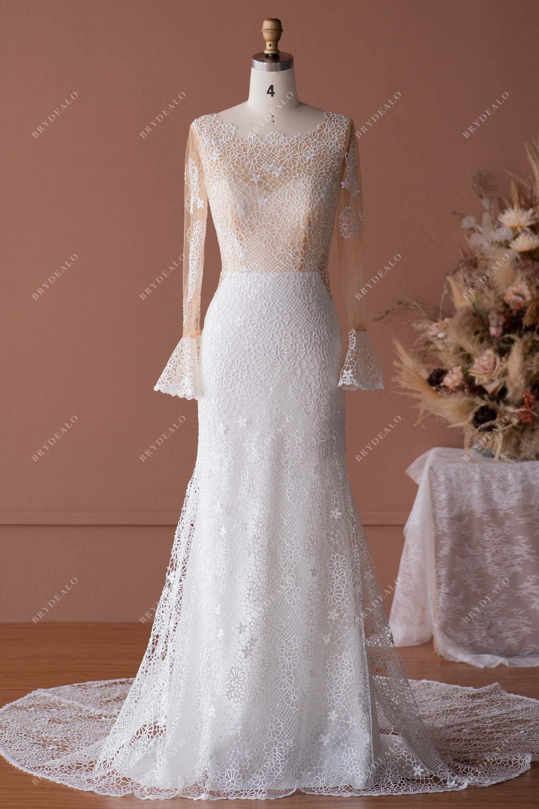 illusion lace bell sleeves boho mermaid wedding dress
