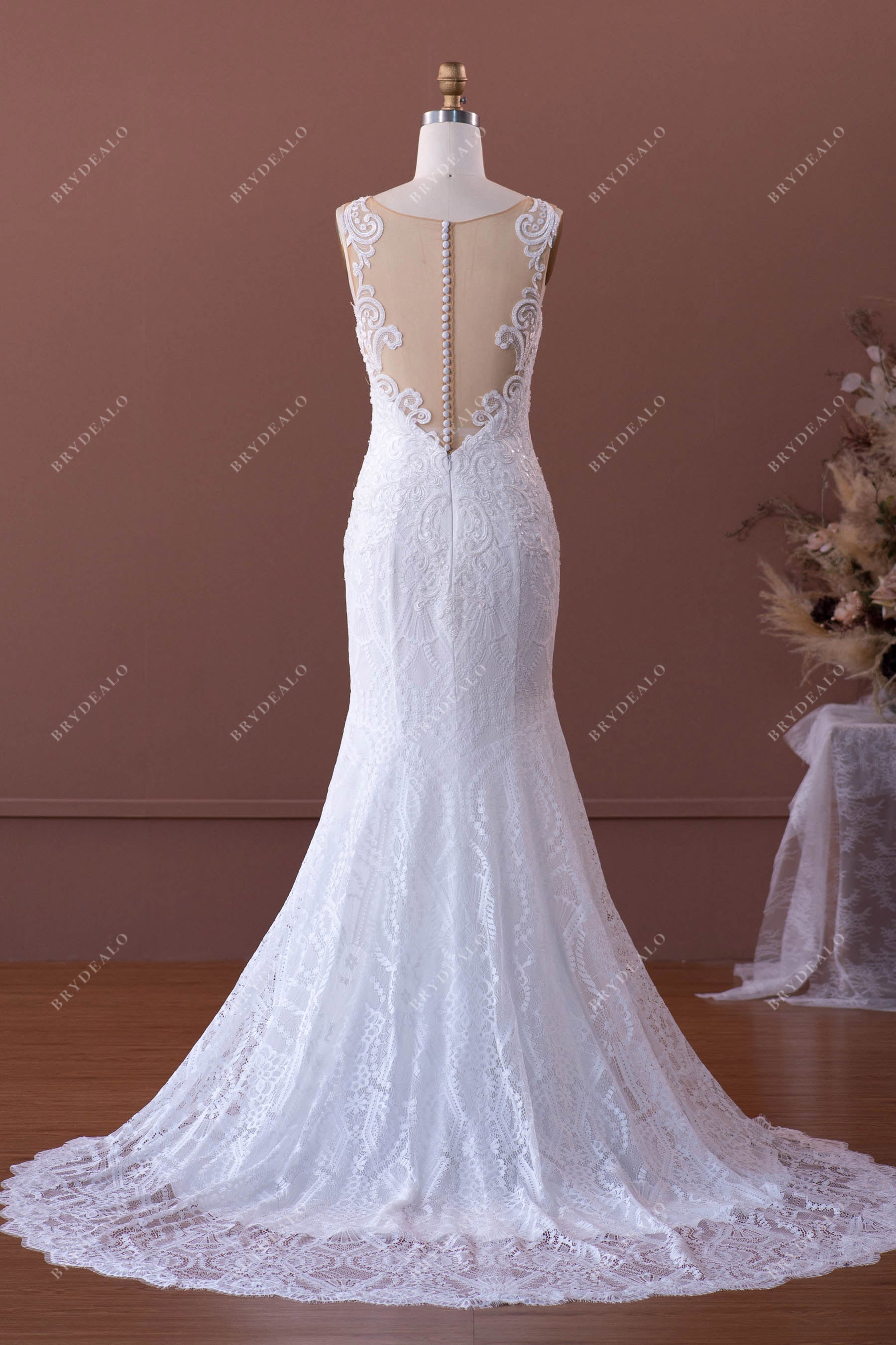 illusion neck mermaid court train wedding dress