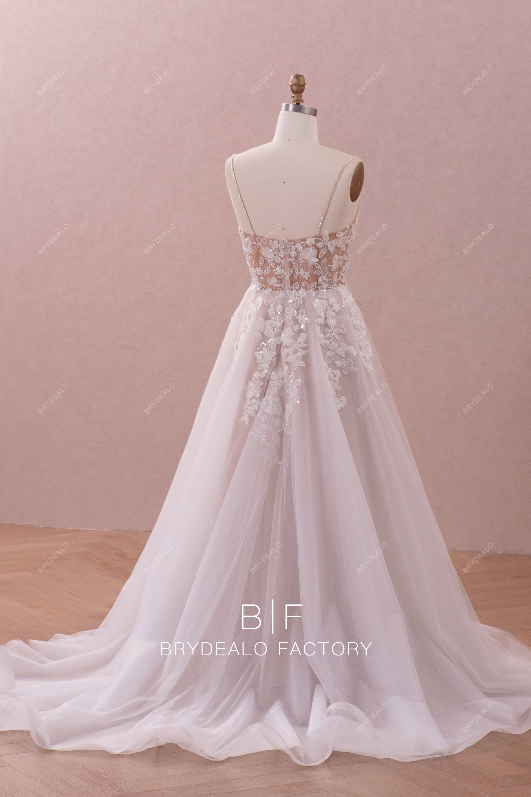 illusion back designer nude beige wedding dress