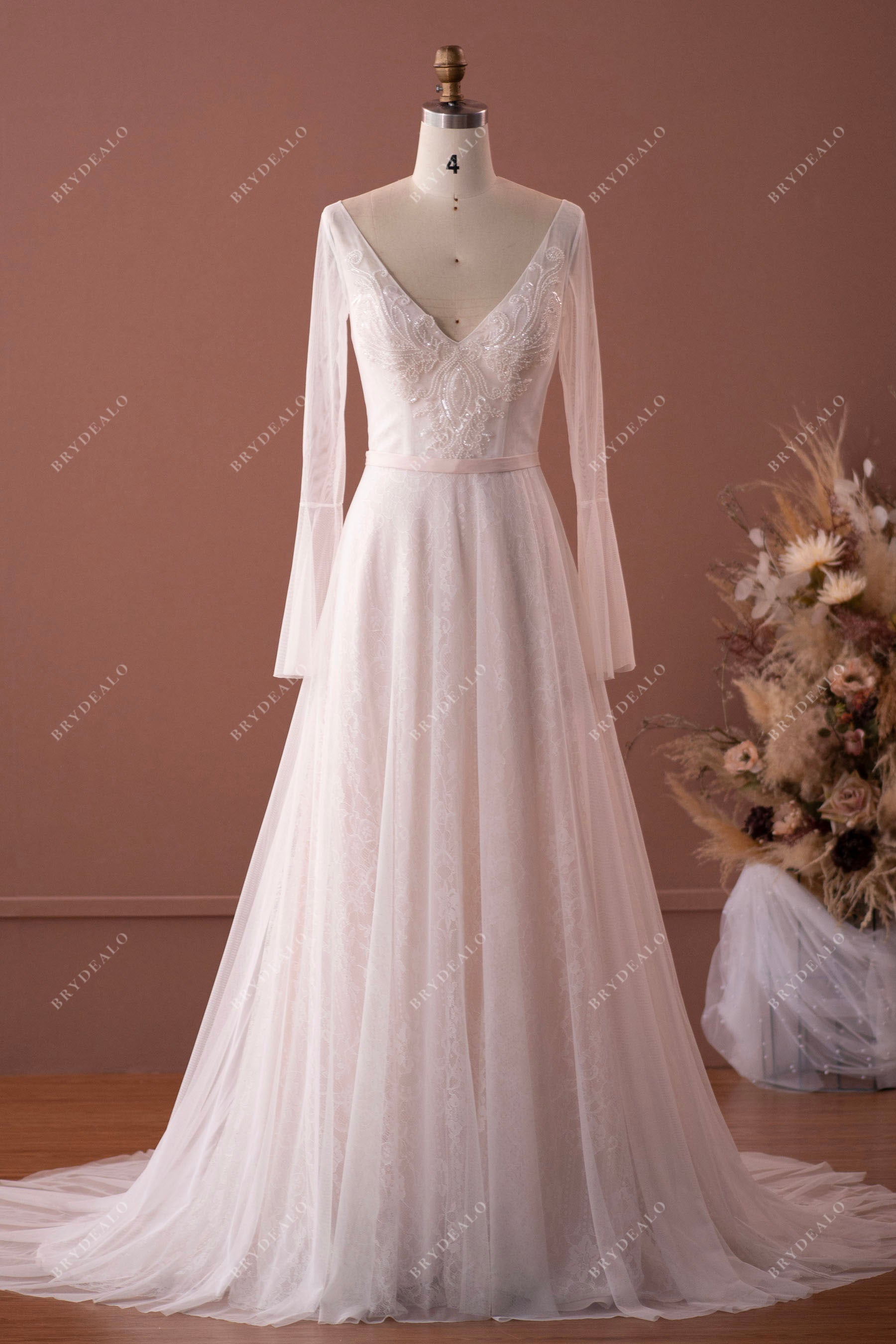 Illusion Sleeved V-Neck Lace Tulle Boho Wedding Dress