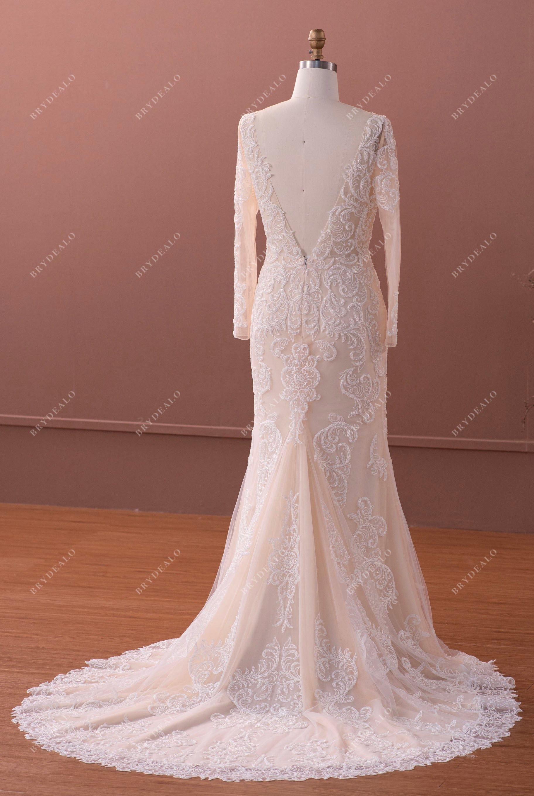 V-back Long Train Tendy Mermaid Wedding Dress