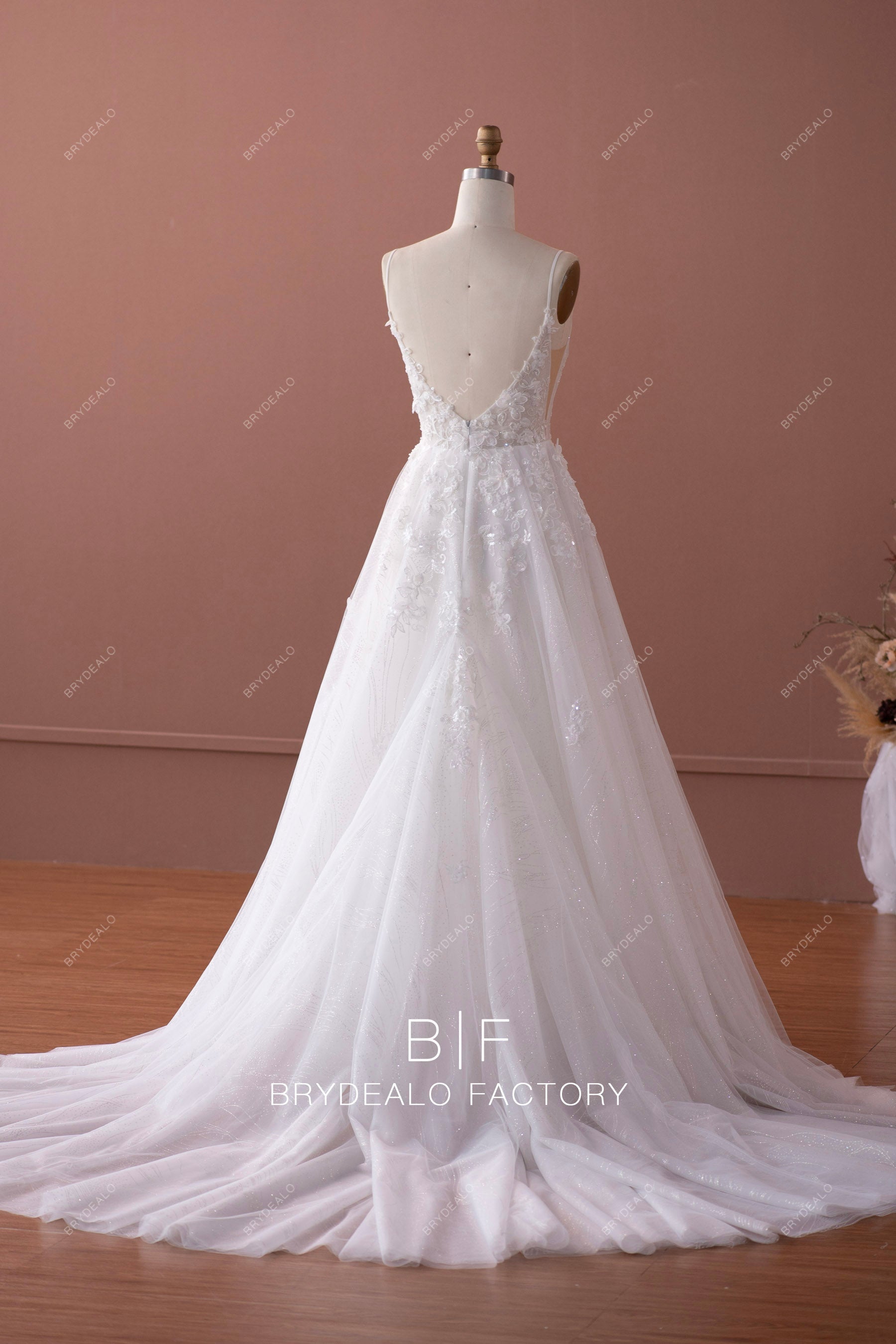 illusion v-back long chapel train designer wedding dress