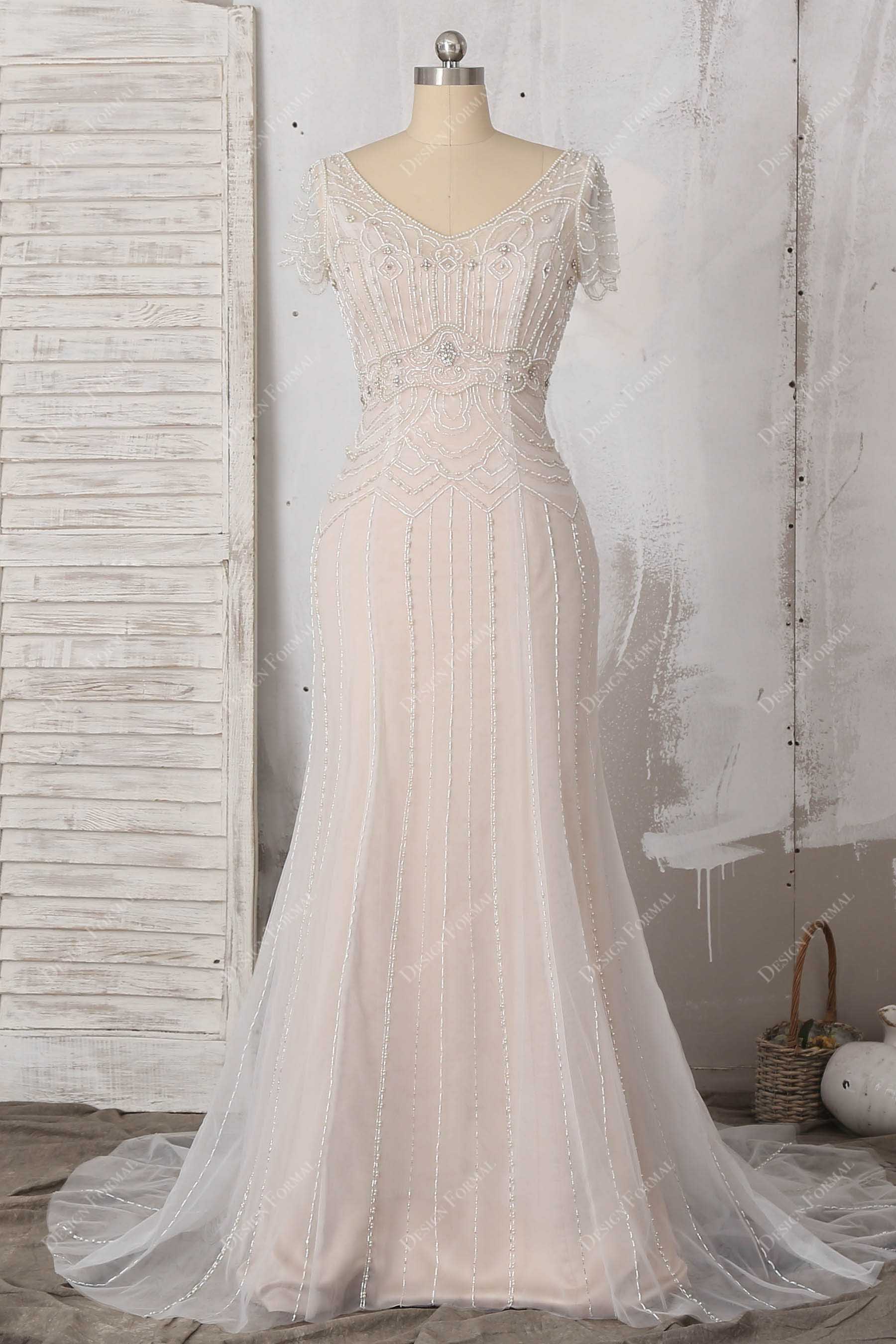 ivory beaded tulle short sleeves mermaid bridal dress