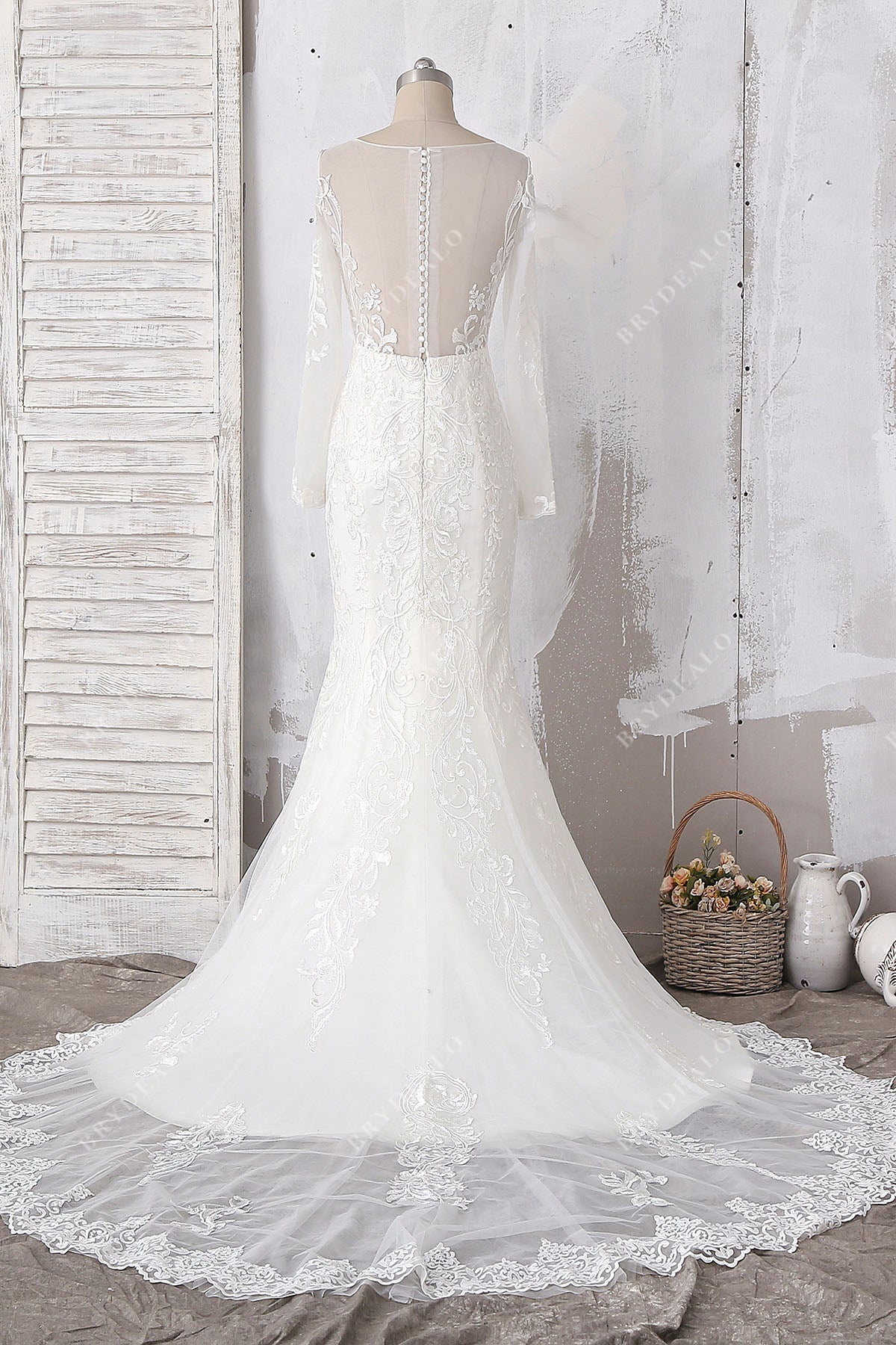 vintage illusion back long train mermaid bridal dress