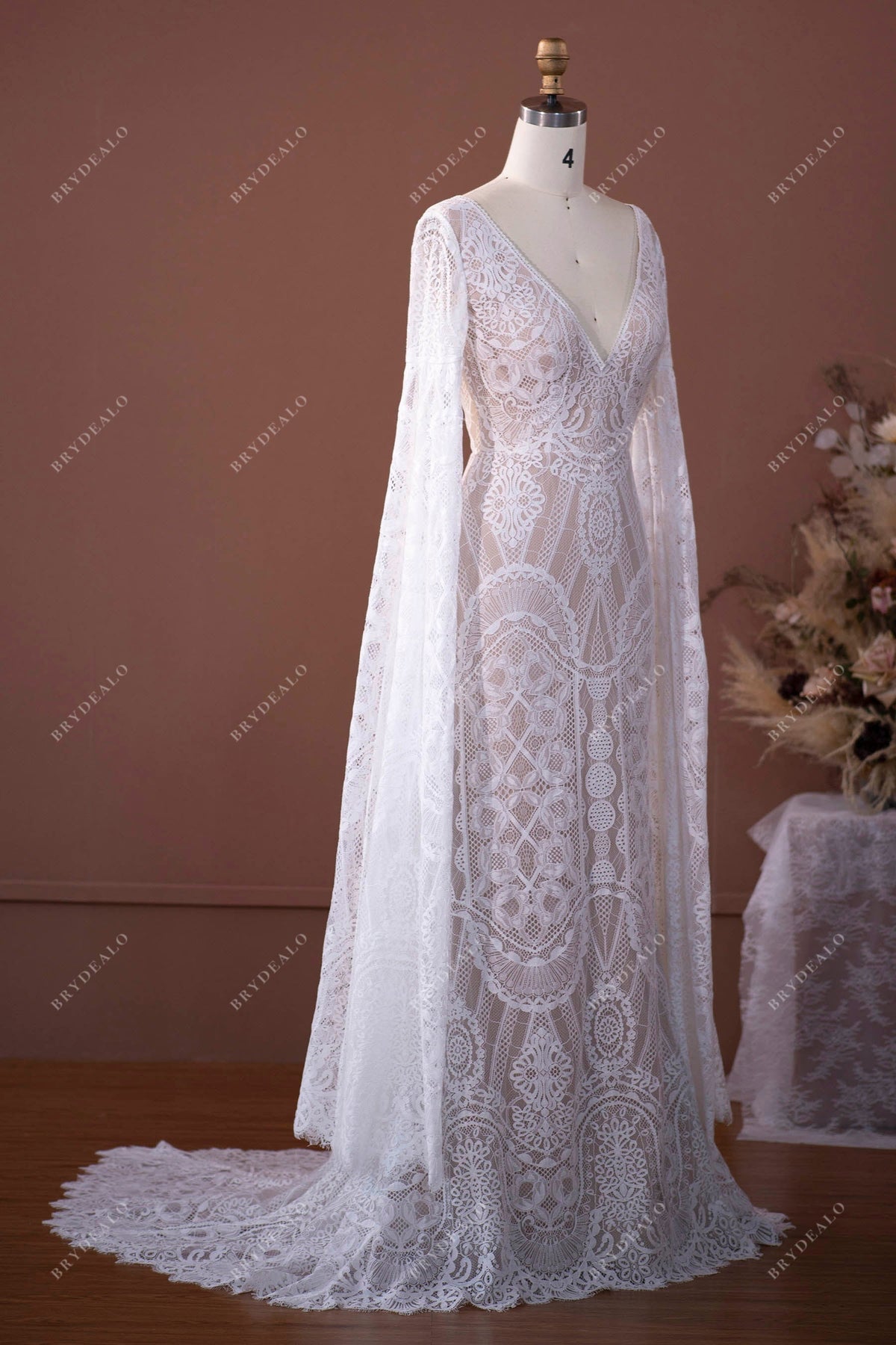 Bohemian Lace V-neck Dramatic Long Sleeve Wedding Dress – Brydealo