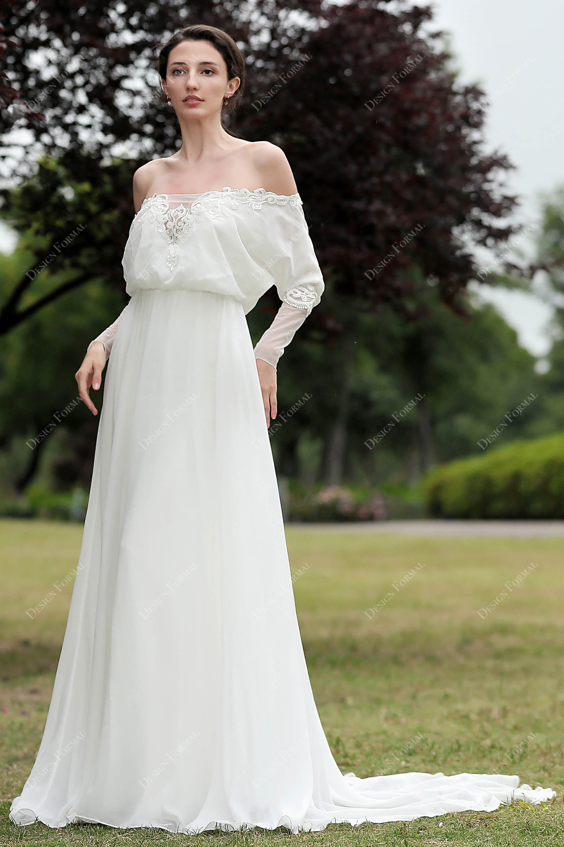 Off Shoulder Flowy Chiffon Wedding Dress