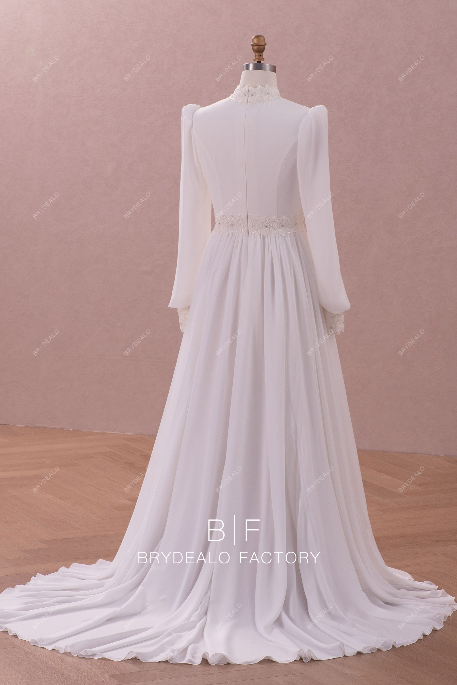 designer chapel train long chiffon A-line wedding dress