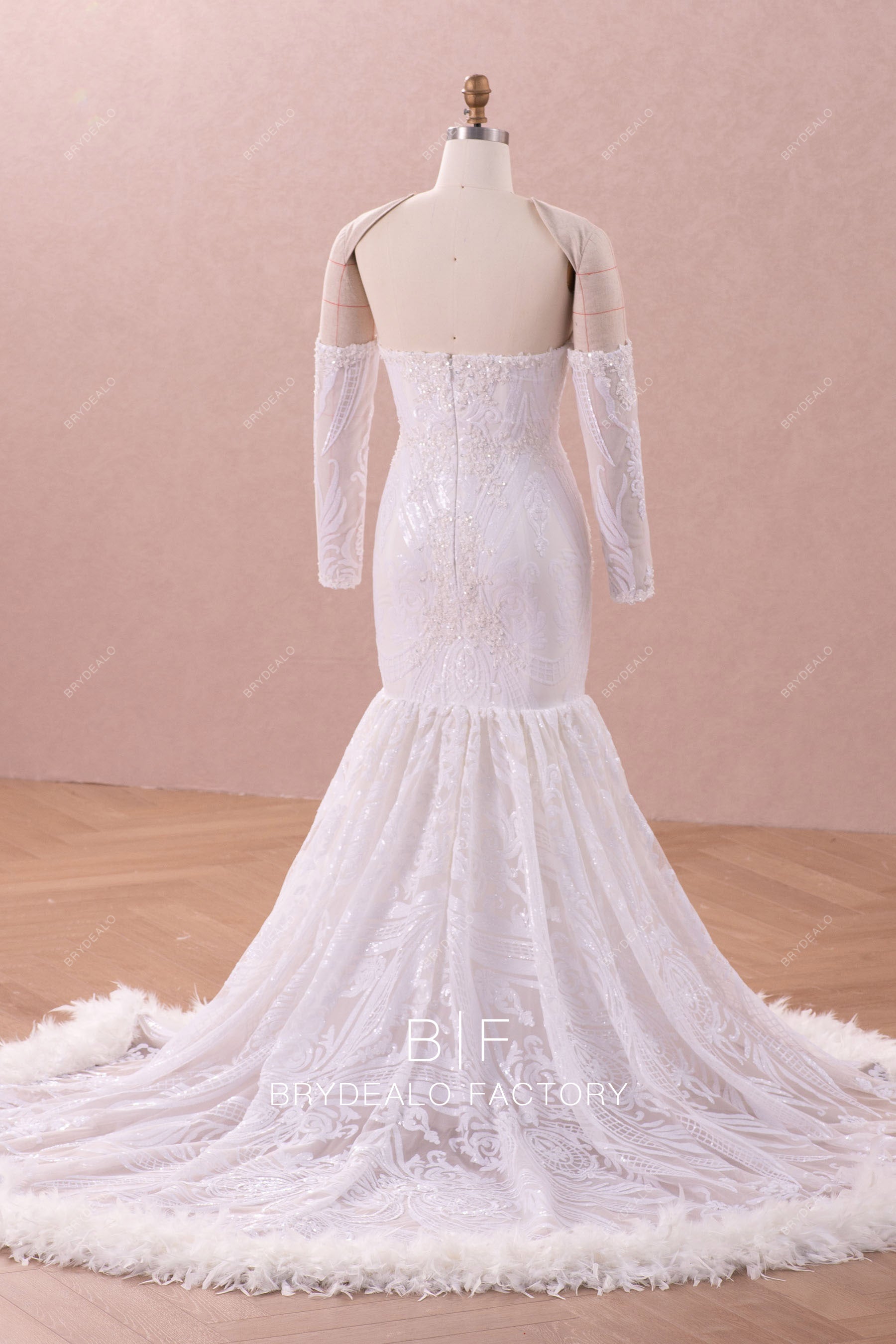 long feather train wedding dress