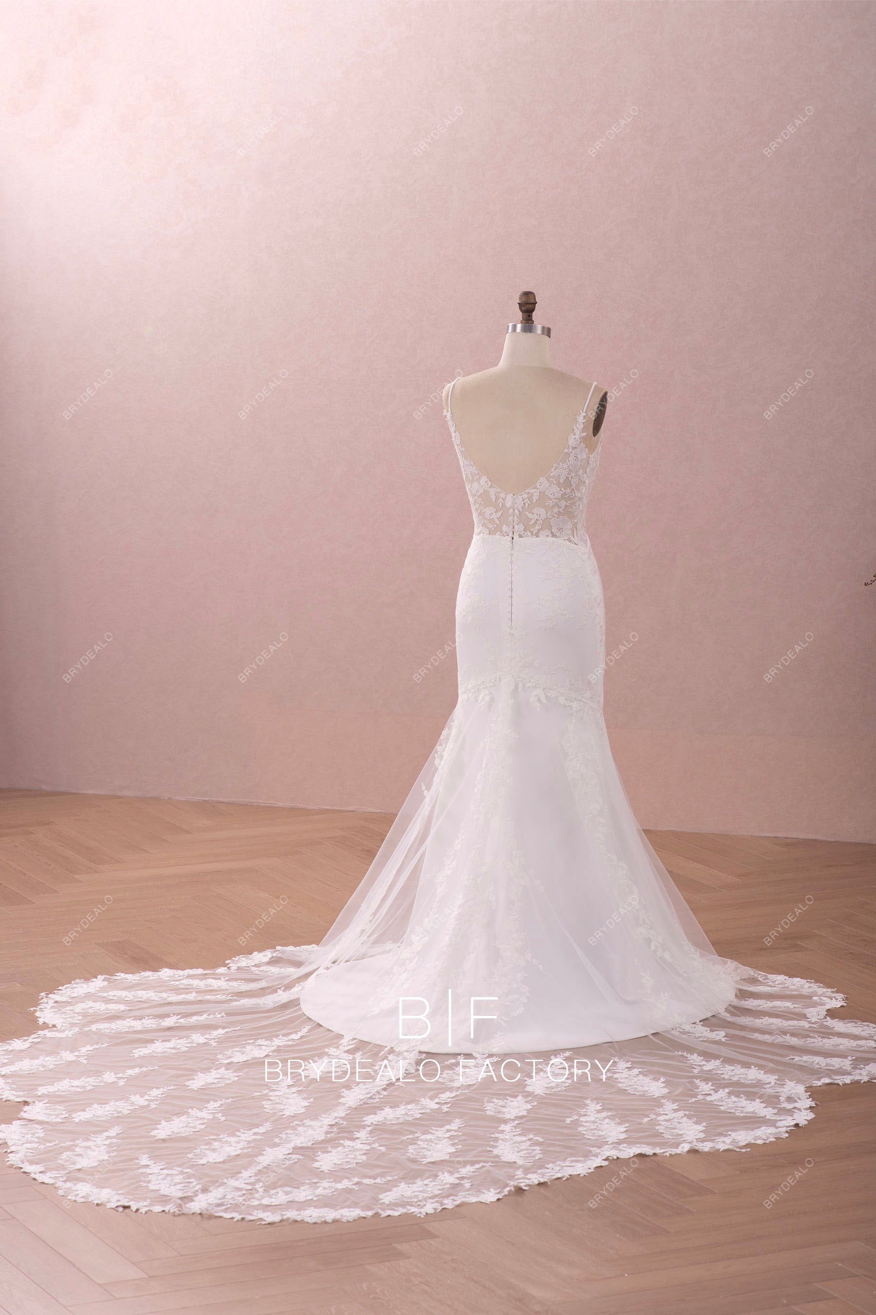 V-back long train mermaid wedding dress