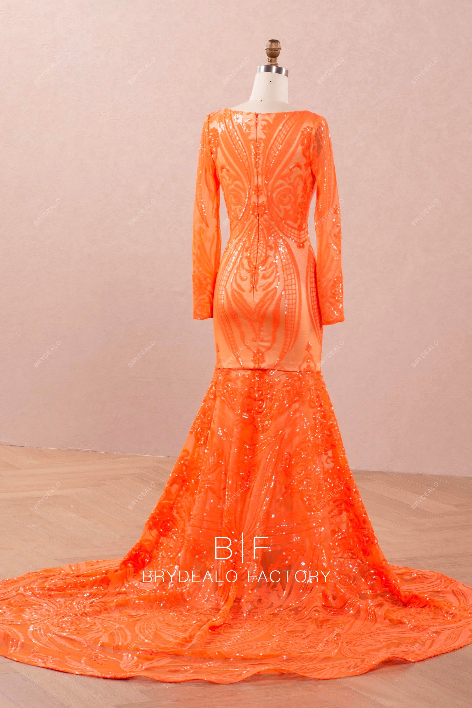 orange long sleeves court train formal dress