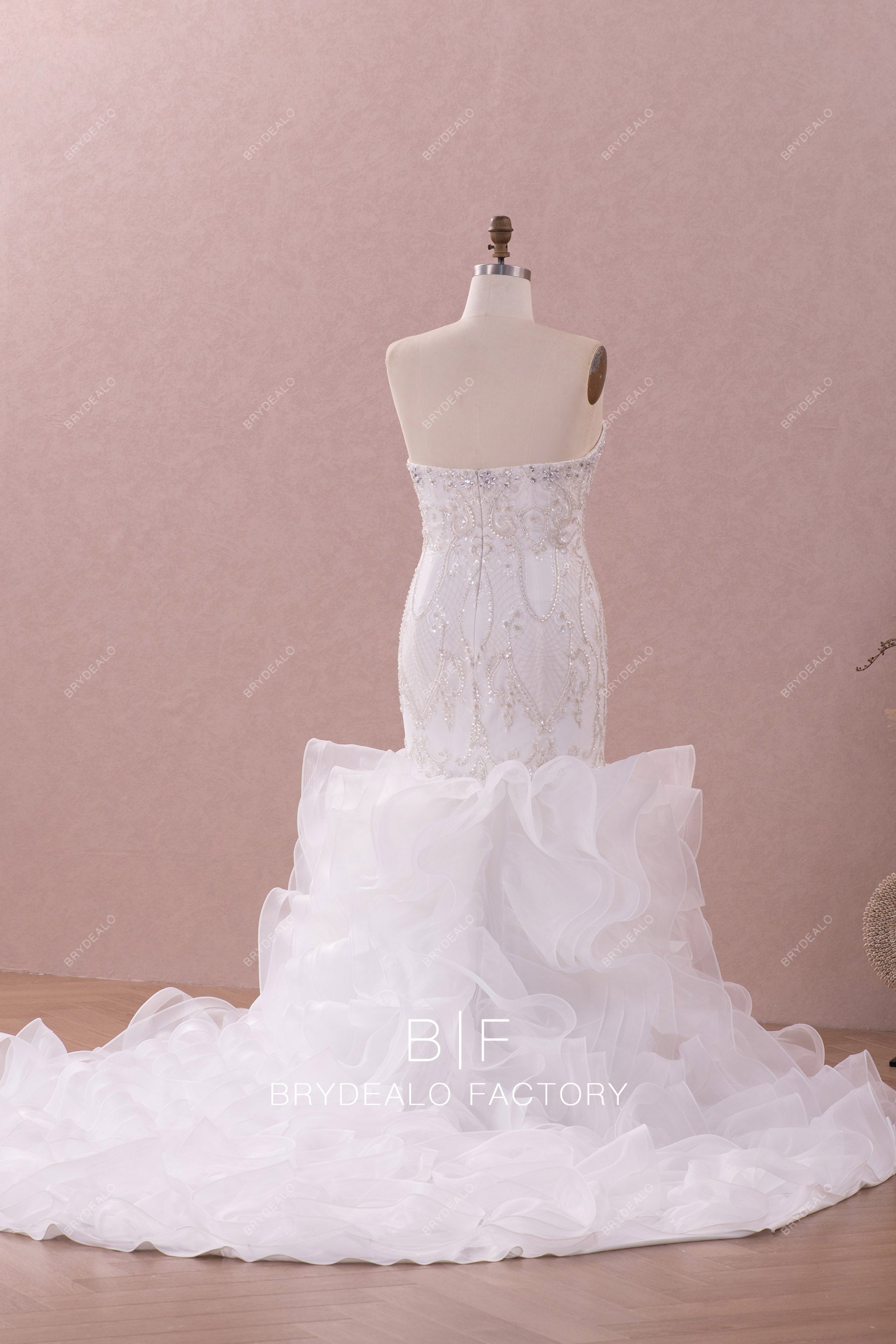 long train ruffled organza trumpet wedding dress