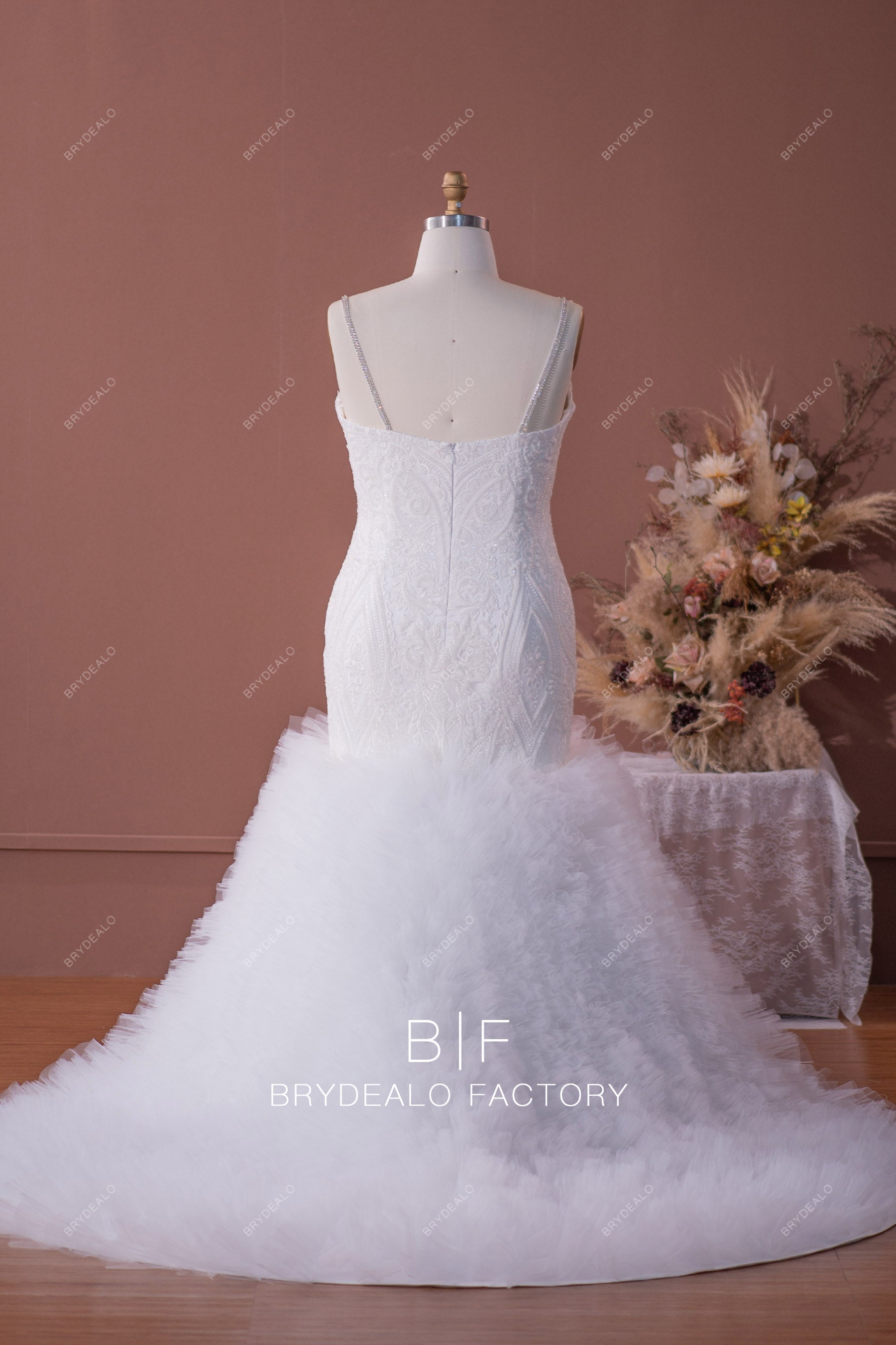 luxury ruffled tulle trumpet long train wedding dress
