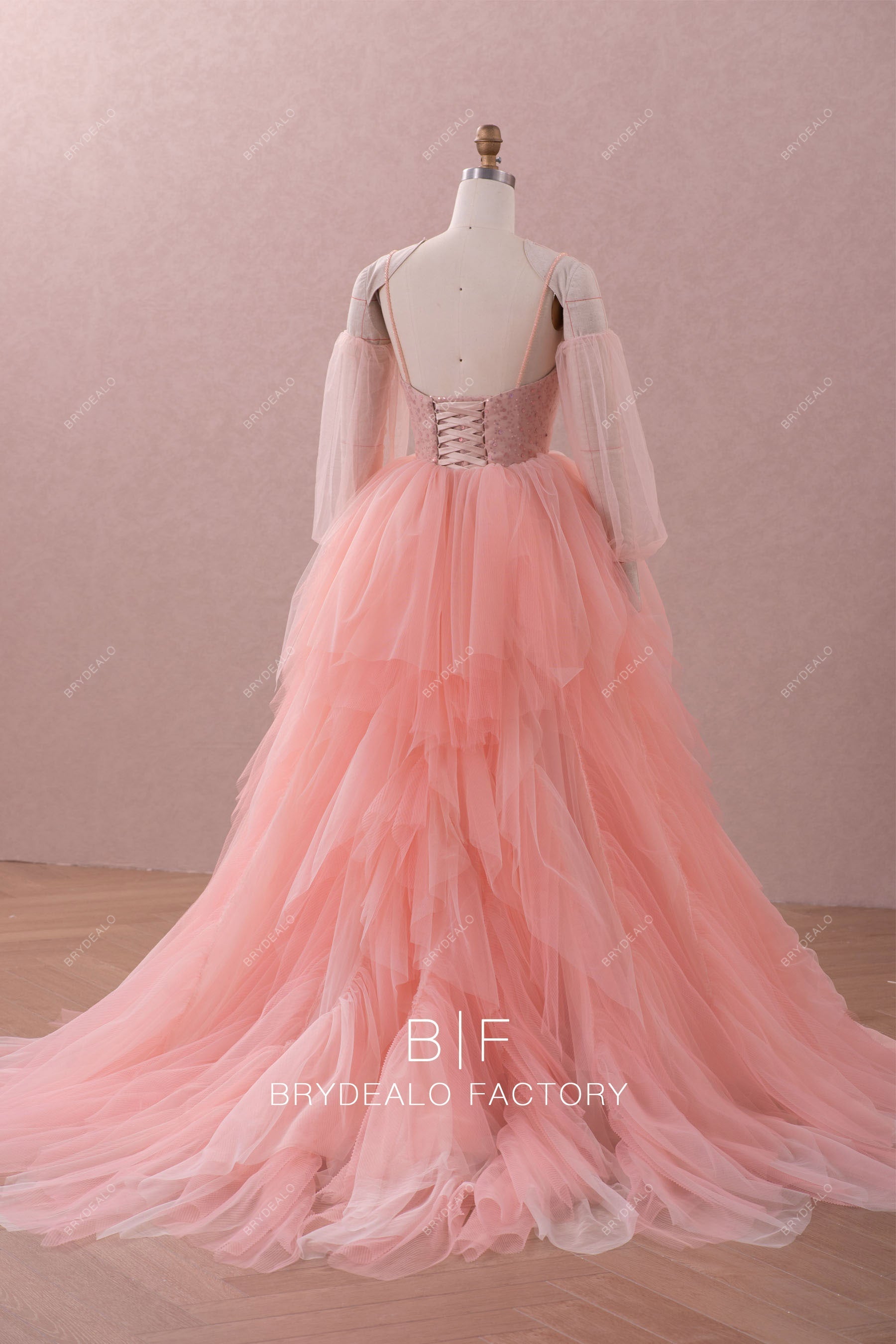 open back ruffled tulle long train celebrity wedding dress