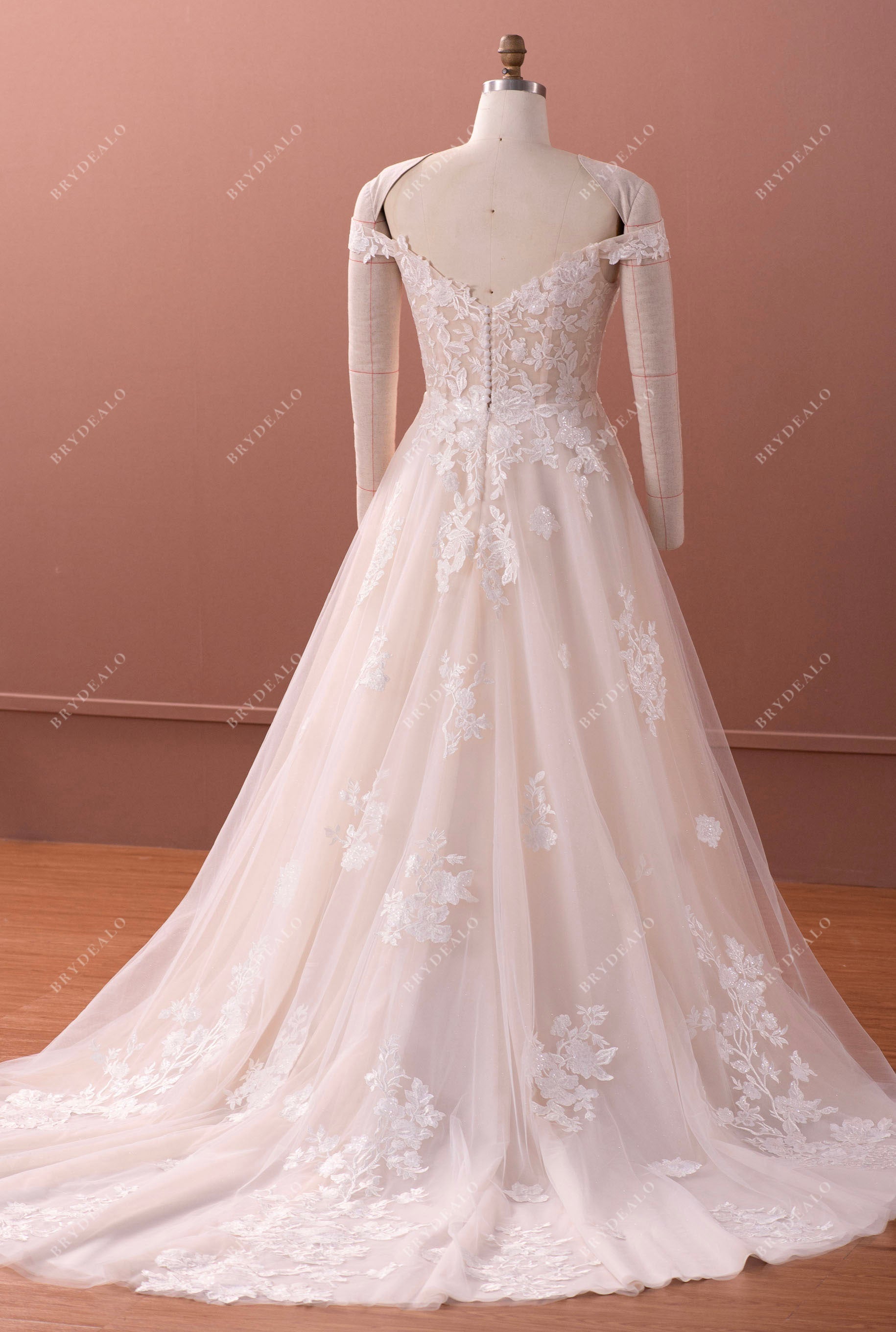 champagne long train shimmery lace destination wedding dress
