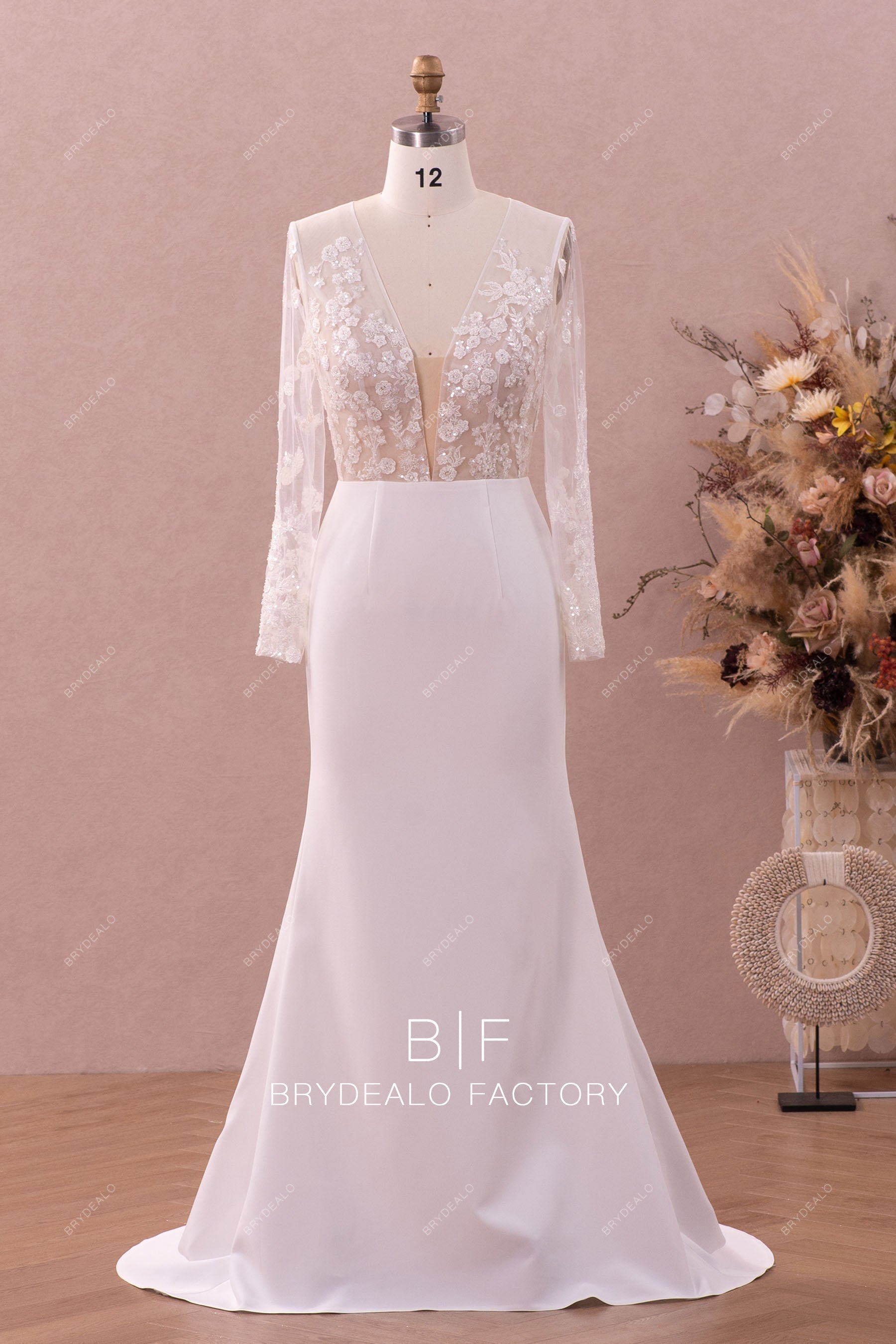 sheer long sleeves lace crepe mermaid wedding dress