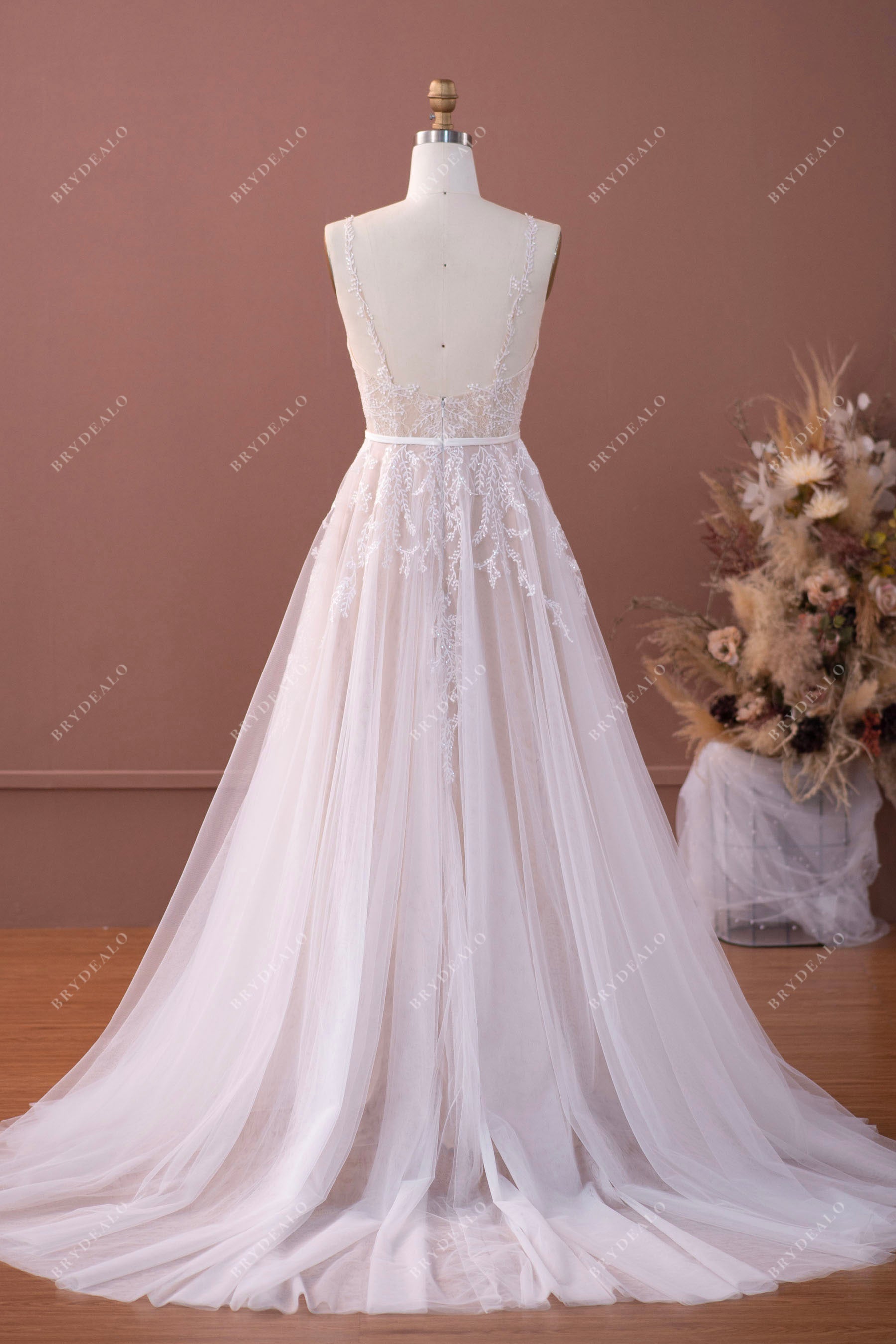 open back medium court train destination wedding gown