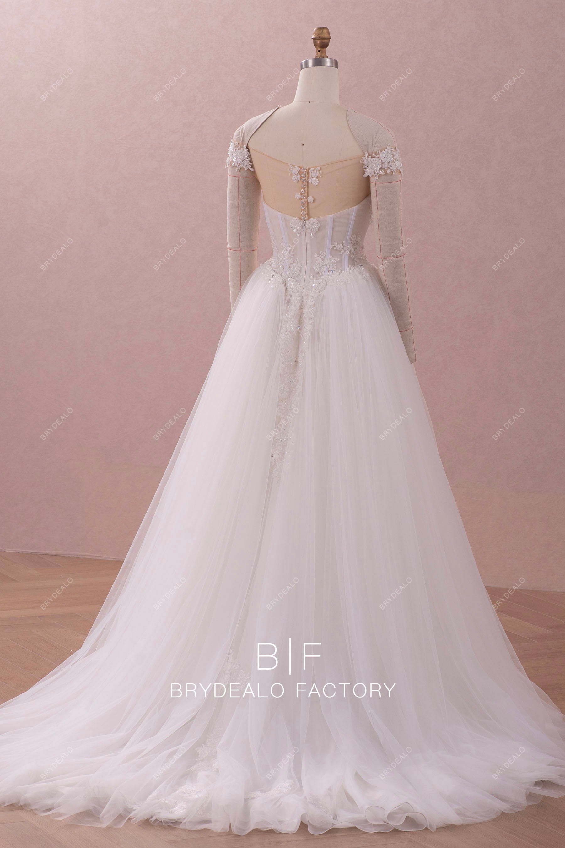 long chapel train off shoulder retro basque waist wedding gown