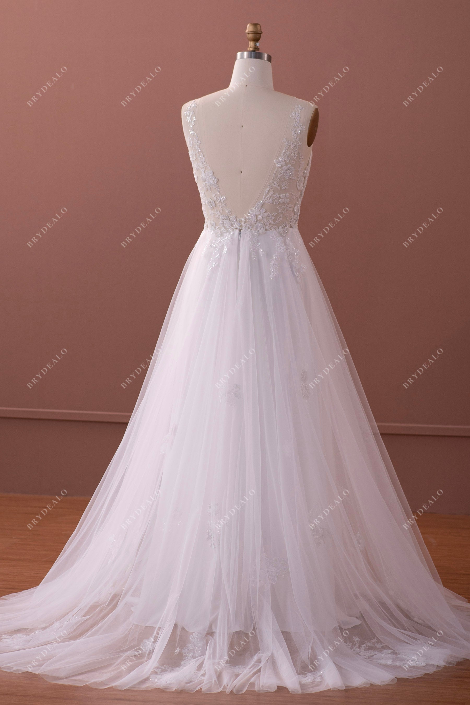 long train tulle A-line destination wedding dress
