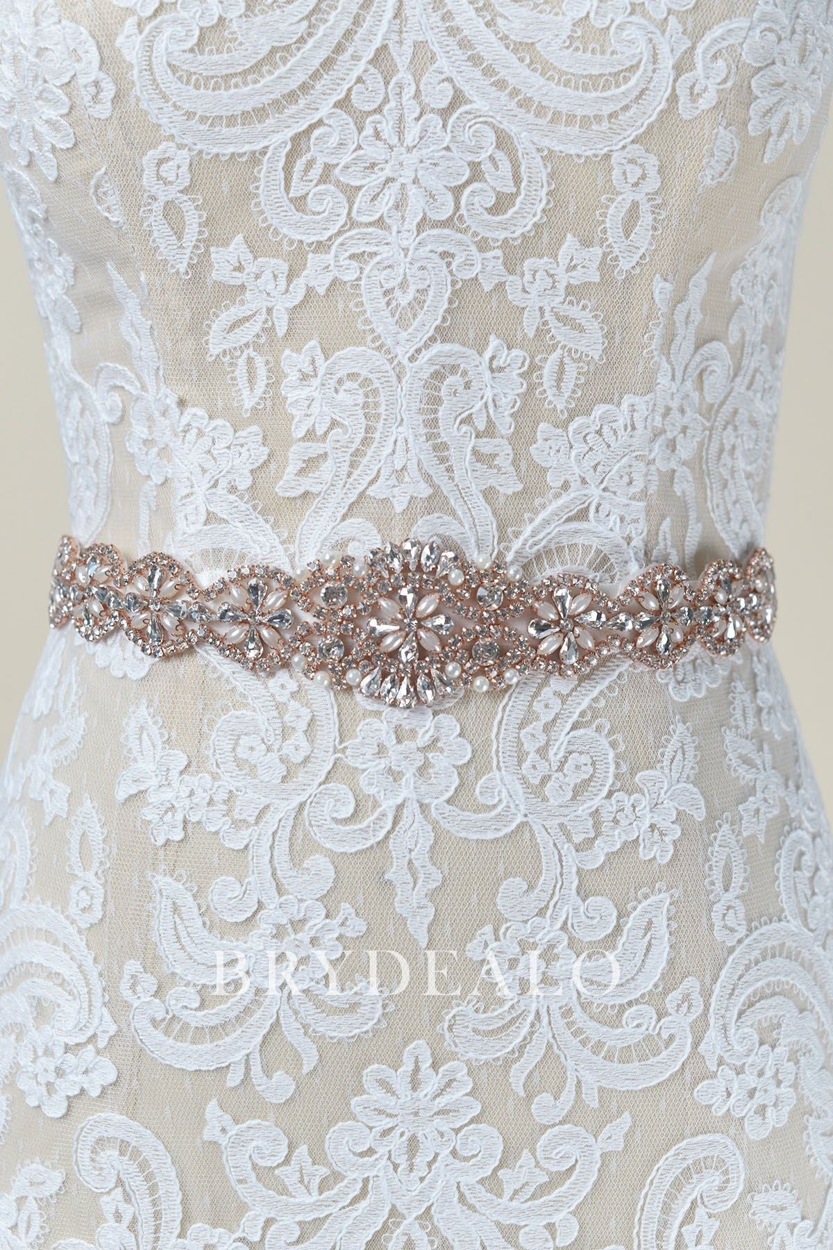 Stylish Crystals Pearls Rose Gold Bridal Sash