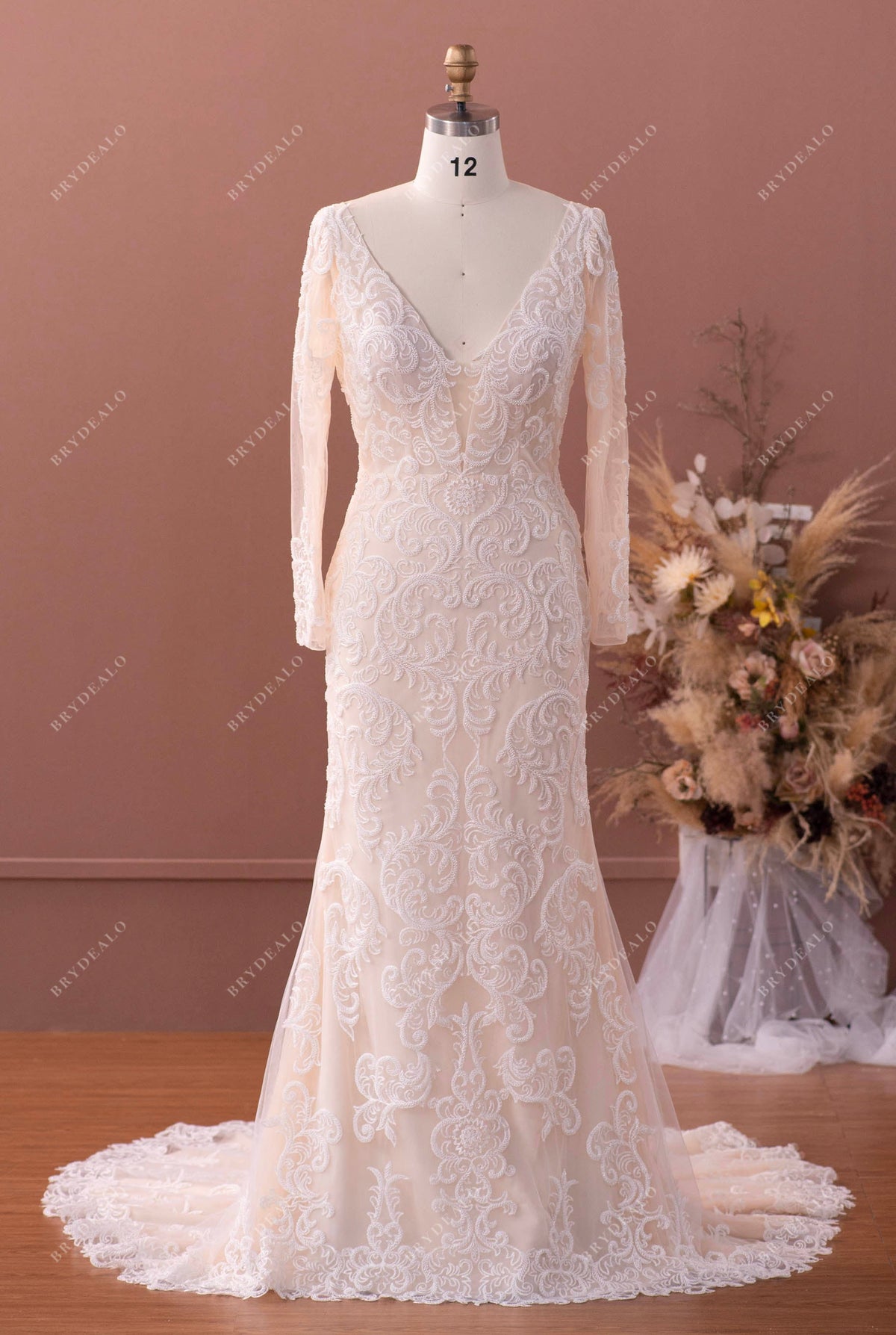 Beaded Lace Sleeved Trendy Mermaid Wedding Dress – Brydealo
