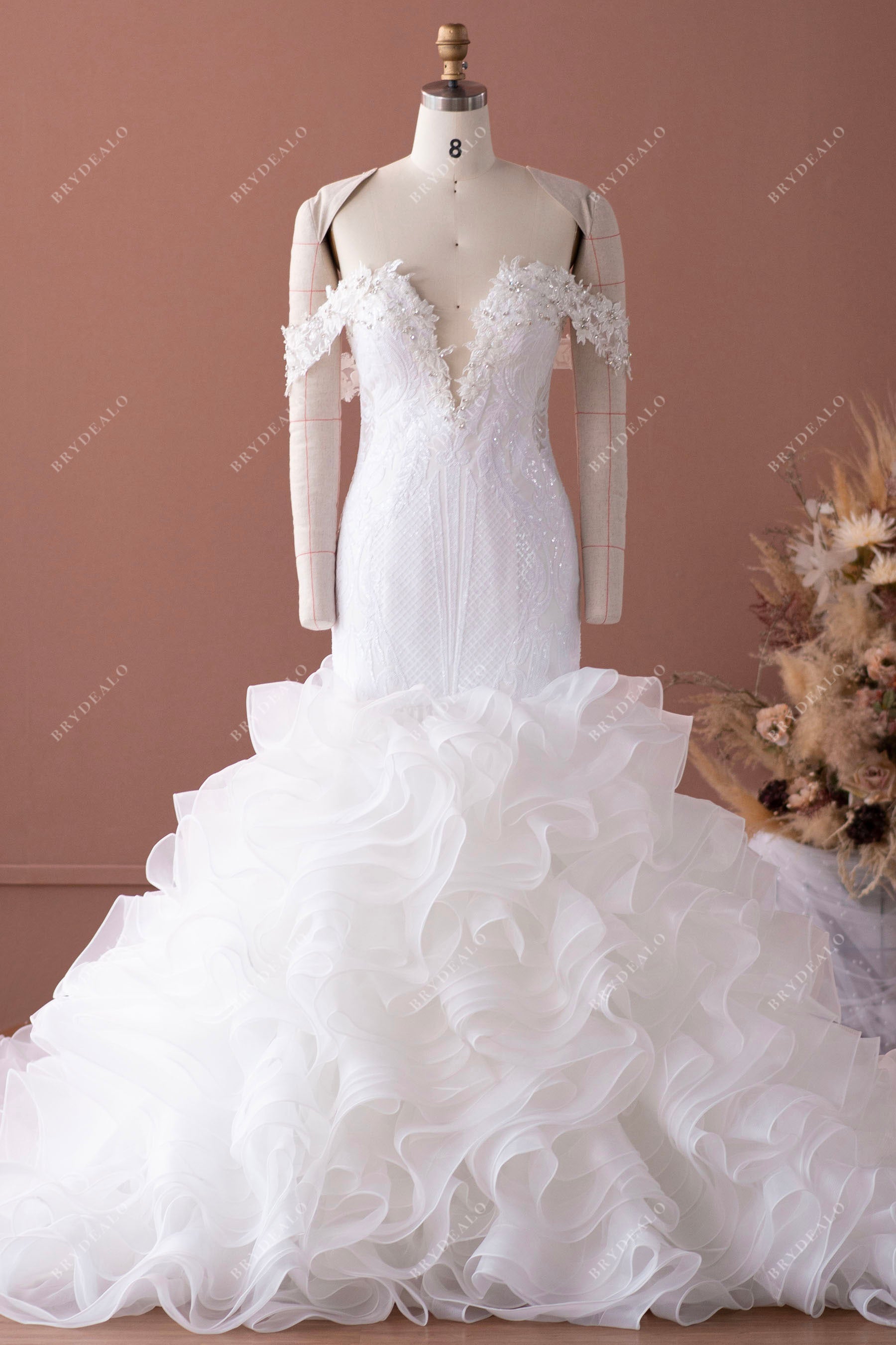 Plunging Unique Sequined Lace Ruffled Organza Prom Formal Gown