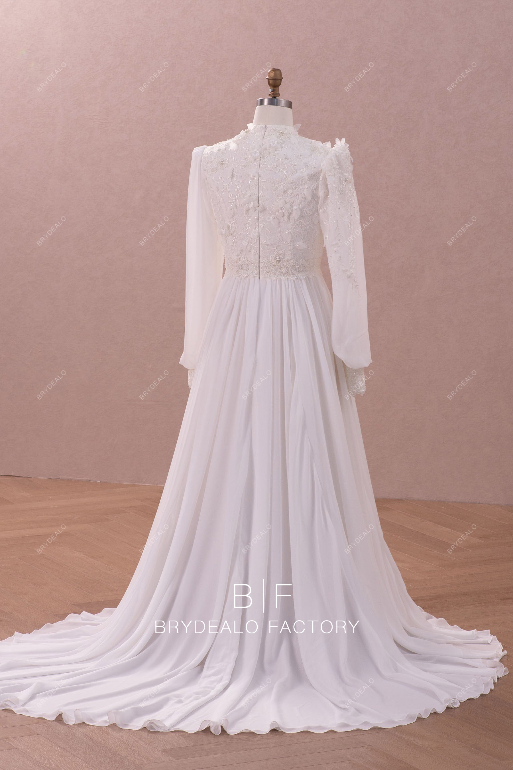 modest chapel train A-line chiffon muslim wedding dress