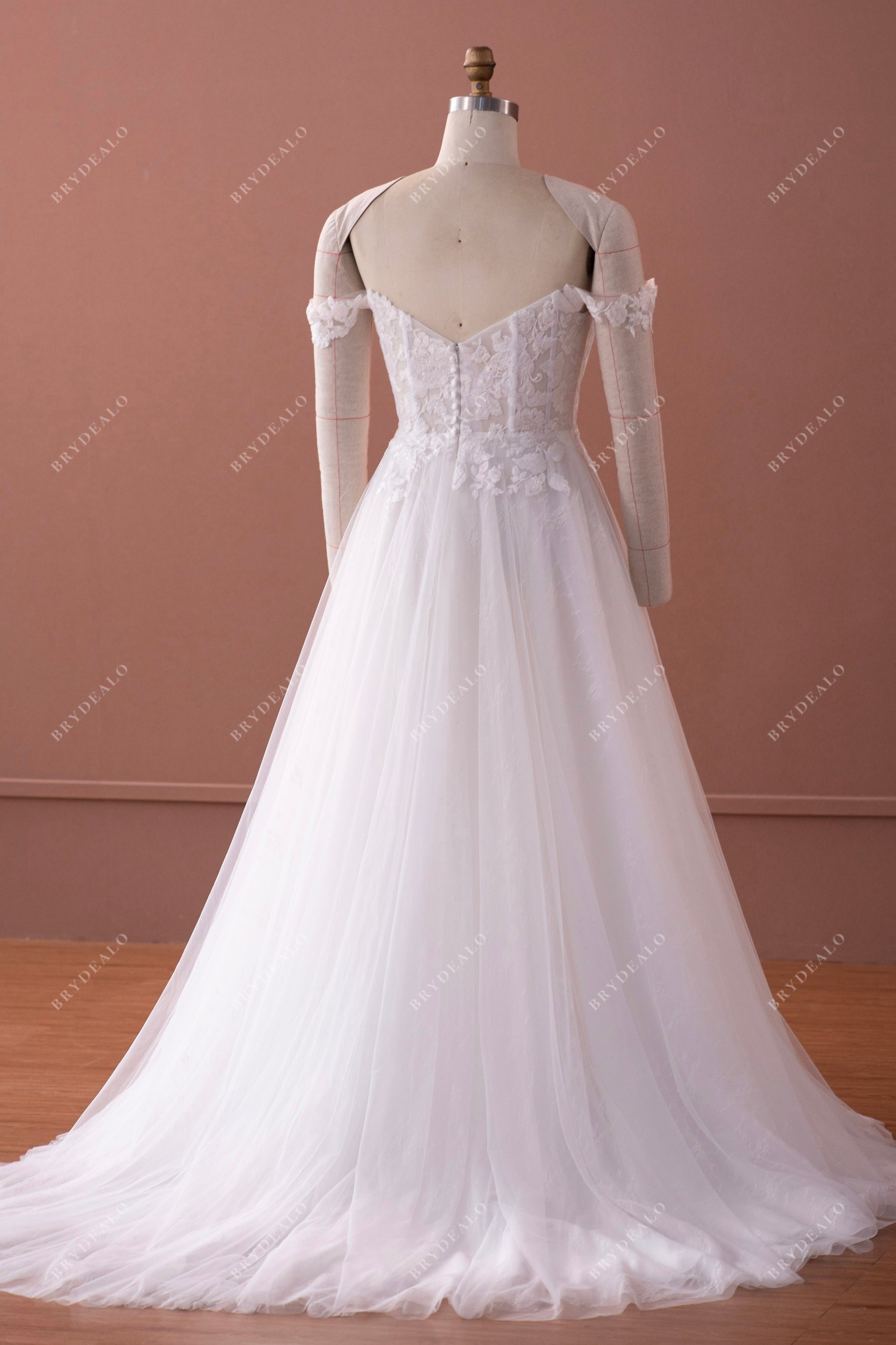 modern exposed boning court train bridal gown