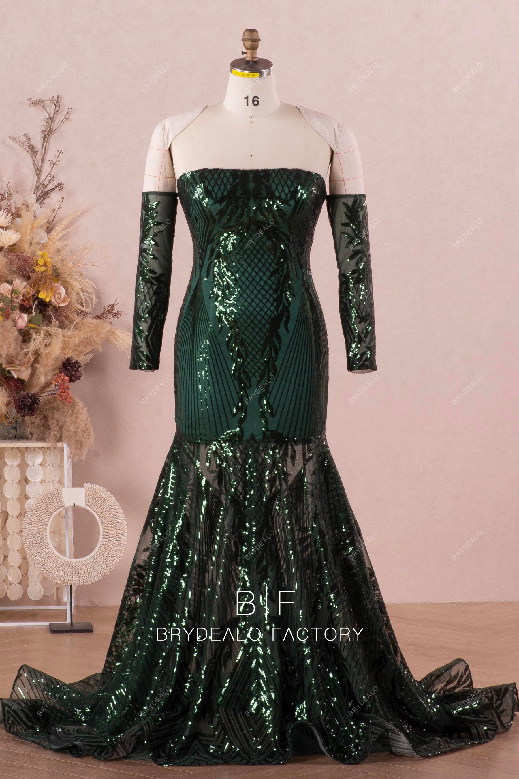 dark green off shoulder sparkly mermaid prom  dress