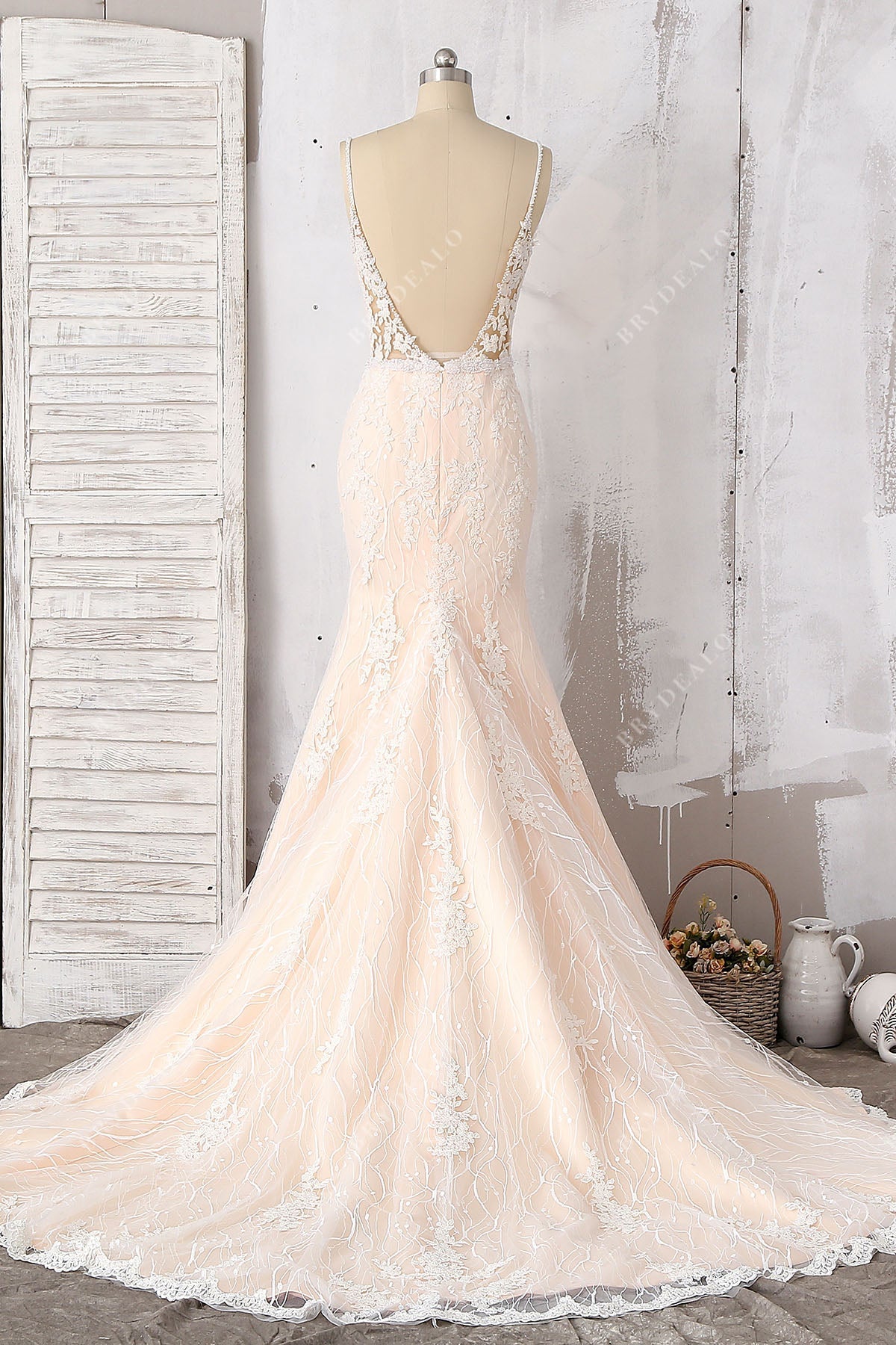 open back lace spaghetti straps mermaid wedding dress