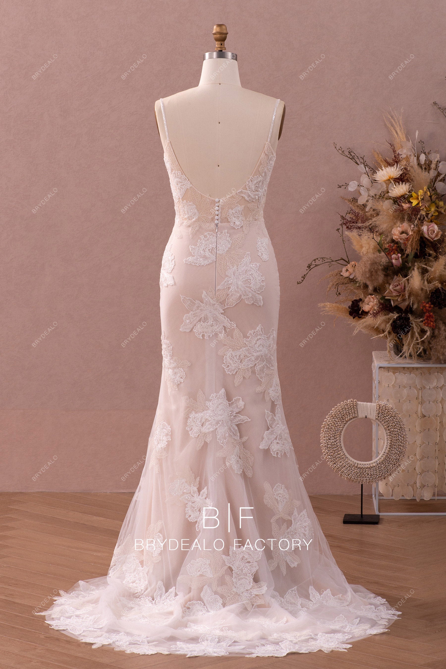 open back lace thin straps mermaid bridal gown