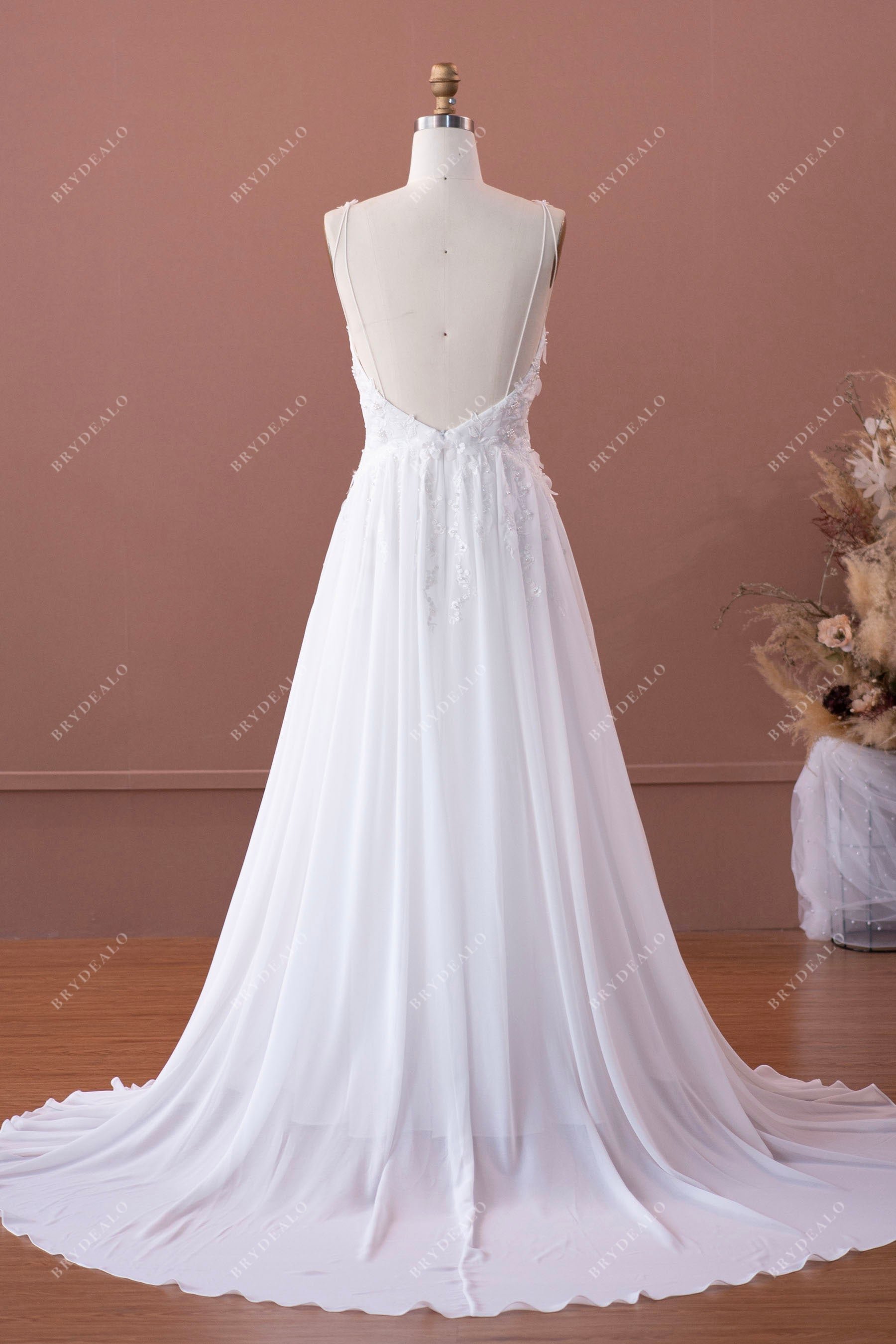 sexy open back spaghetti straps medium train wedding dress