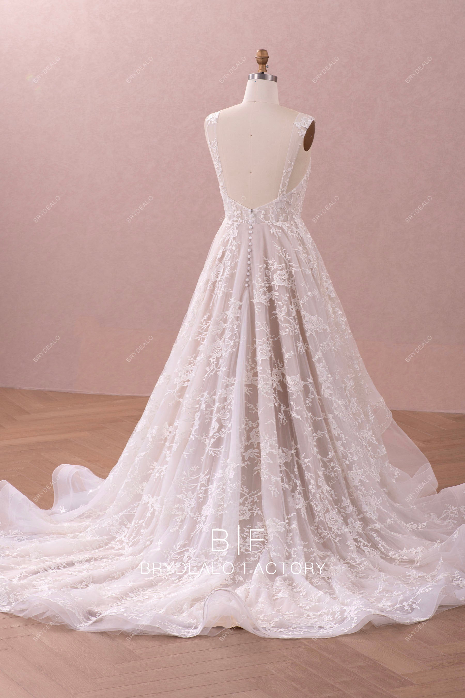 open back lace straps A-line wedding gown