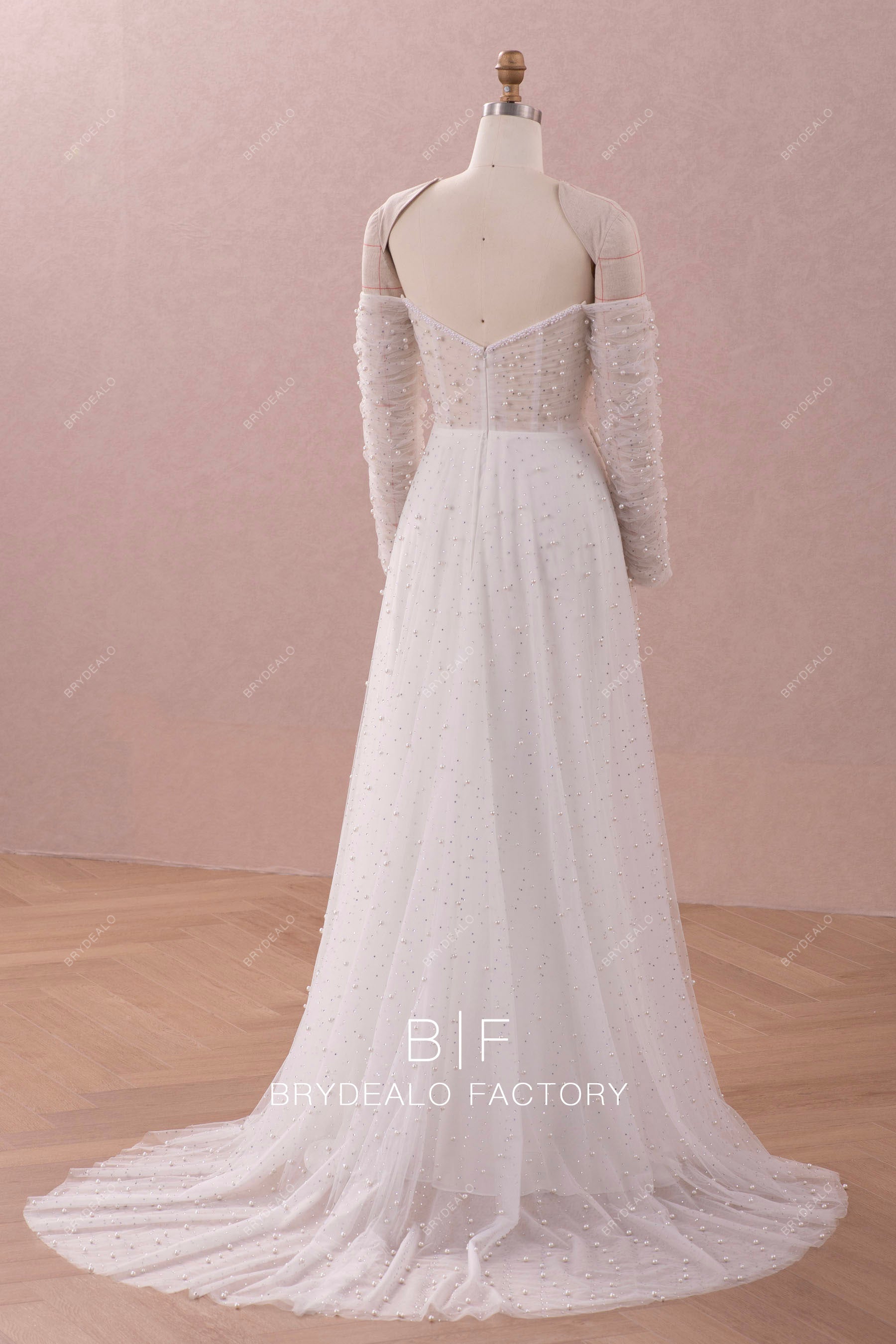 trendy court train A-line allover pearls wedding dress
