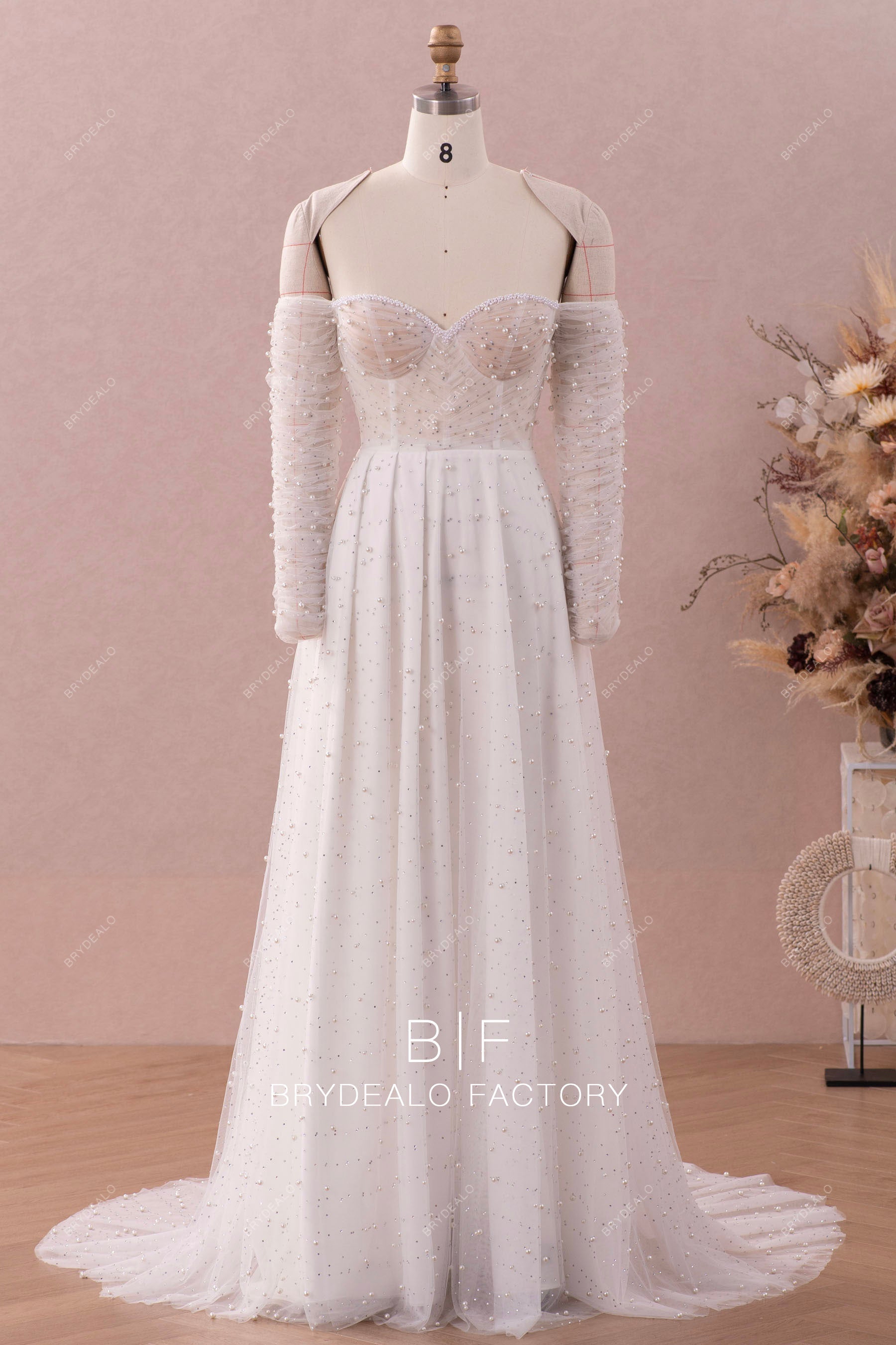 Elegant Pearls Off Shoulder Corset Bling Bling Wedding Dress