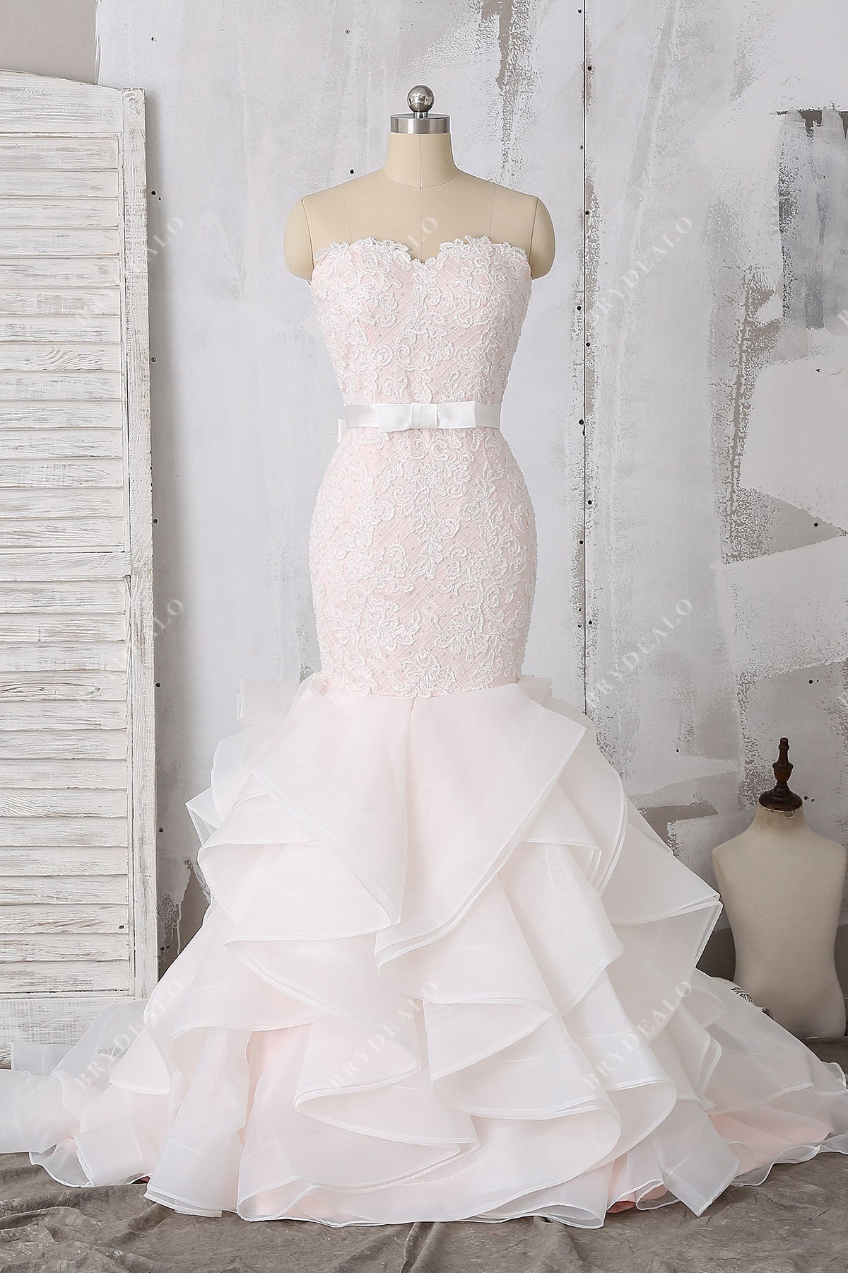 pearls lace strapless sweetheart organza mermaid wedding dress