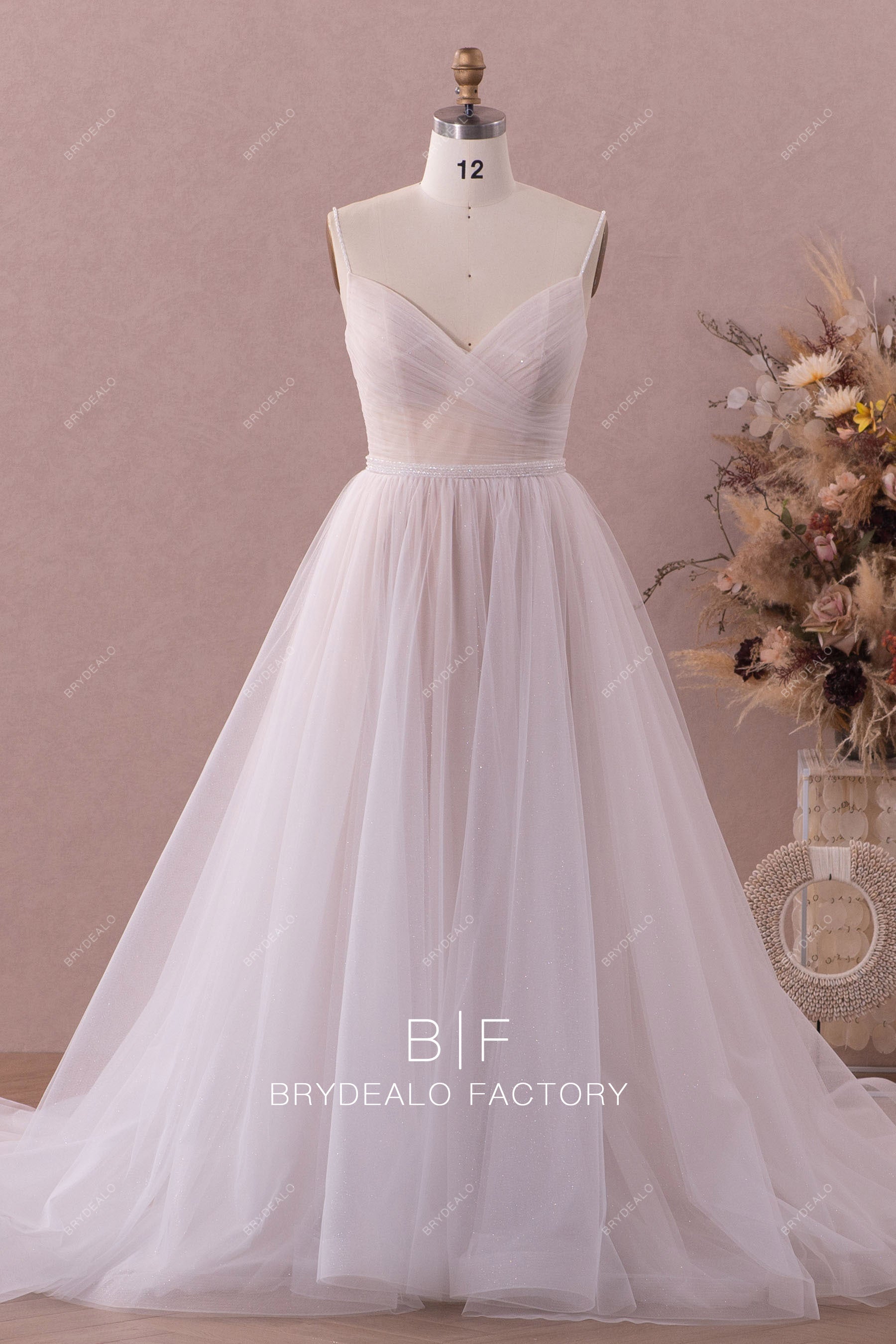 modern pleated V-neck a-line wedding dress