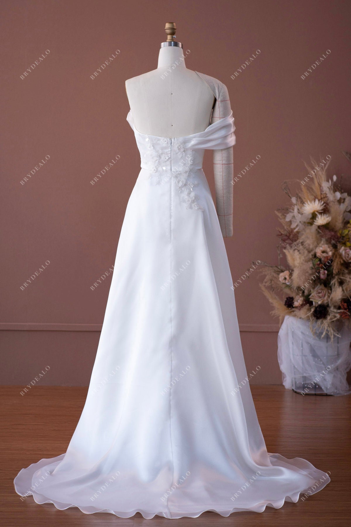 Asymmetrical Ruffled Neck One Sleeve Slit Organza Designer Bridal Gown – Brydealo