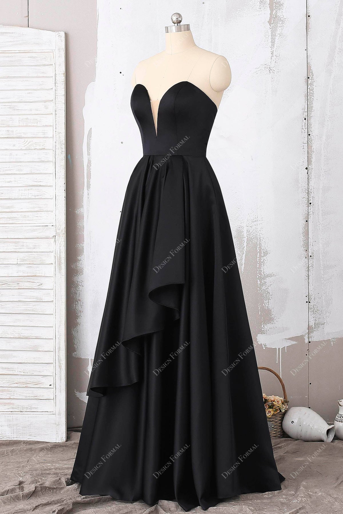 Elegant Black Satin Strapless Prom Dress – Brydealo