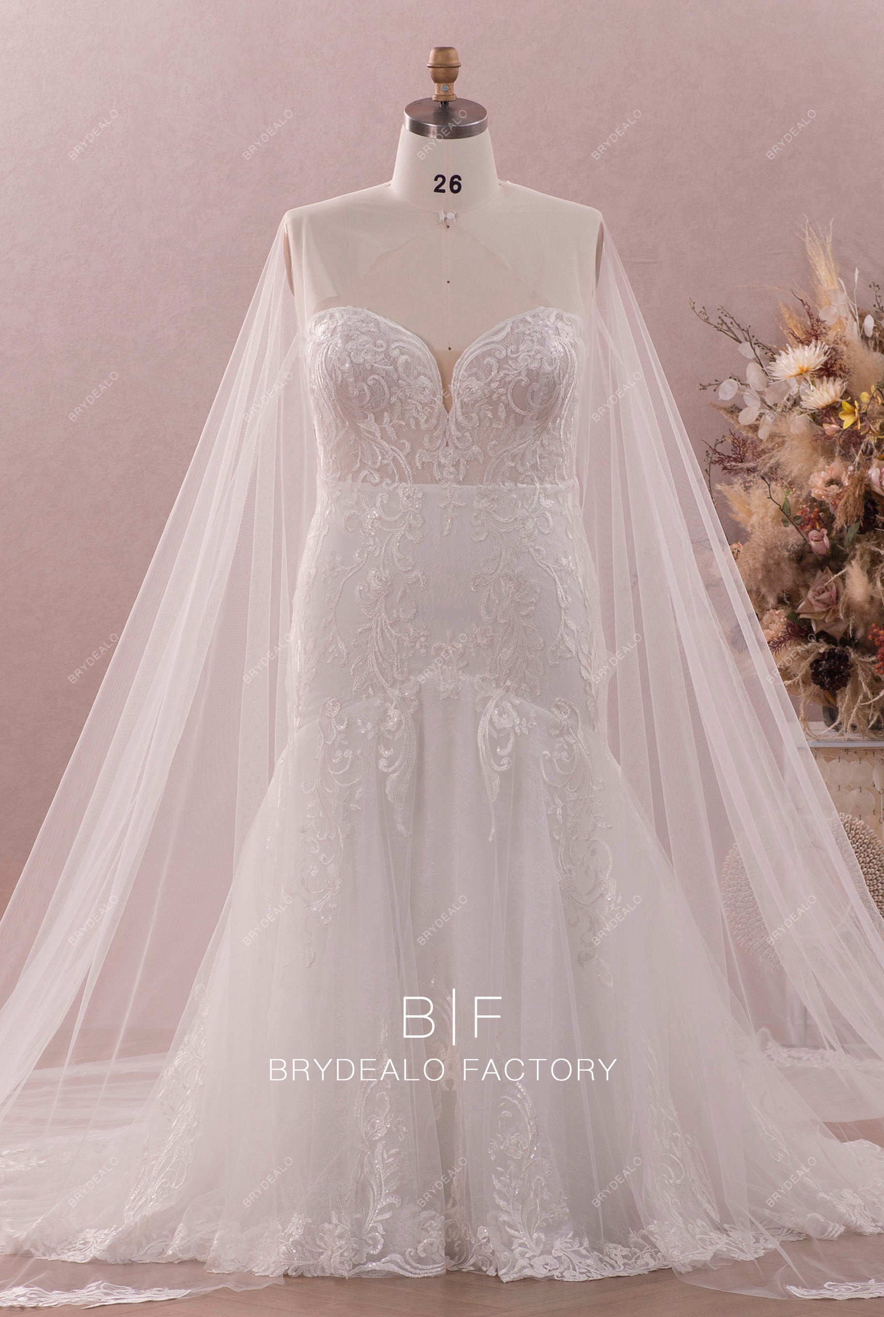 plus size sweetheart trumpet lace wedding dress Modern Cape