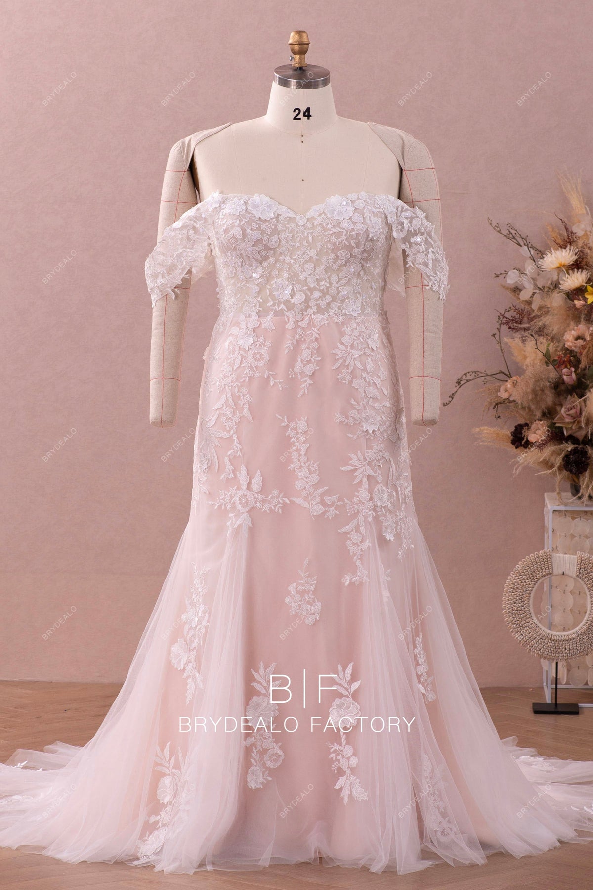 Off Shoulder Lace Tulle Fit Flare Wedding Dress Brydealo Off Shoulder Lace Tulle Fit Flare Wedding Dress Brydealo