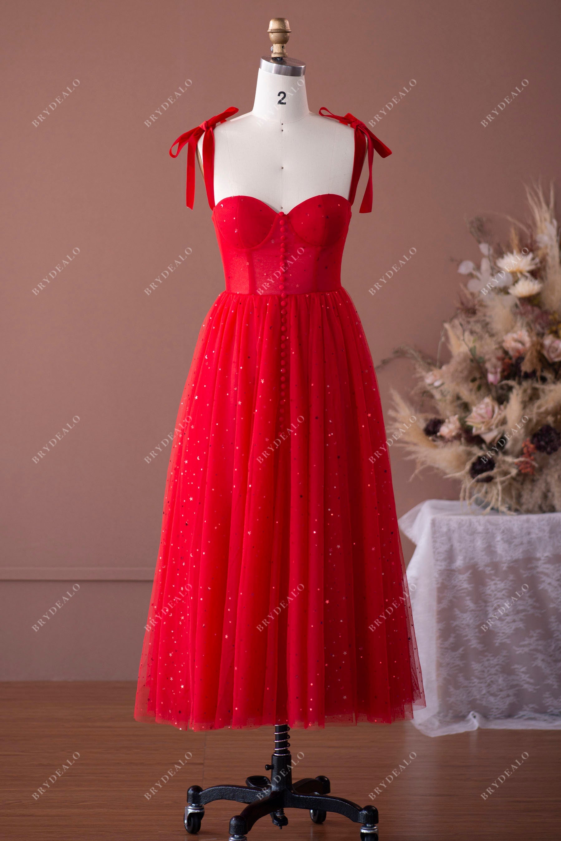 Red Straps Corset Star Tea Length Formal Dress