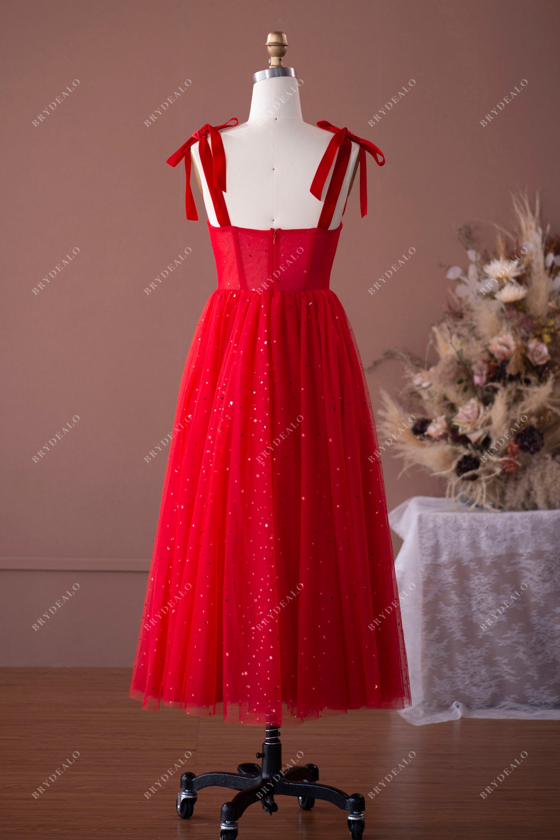 Red Straps Corset Tulle Tea Length Prom Dress