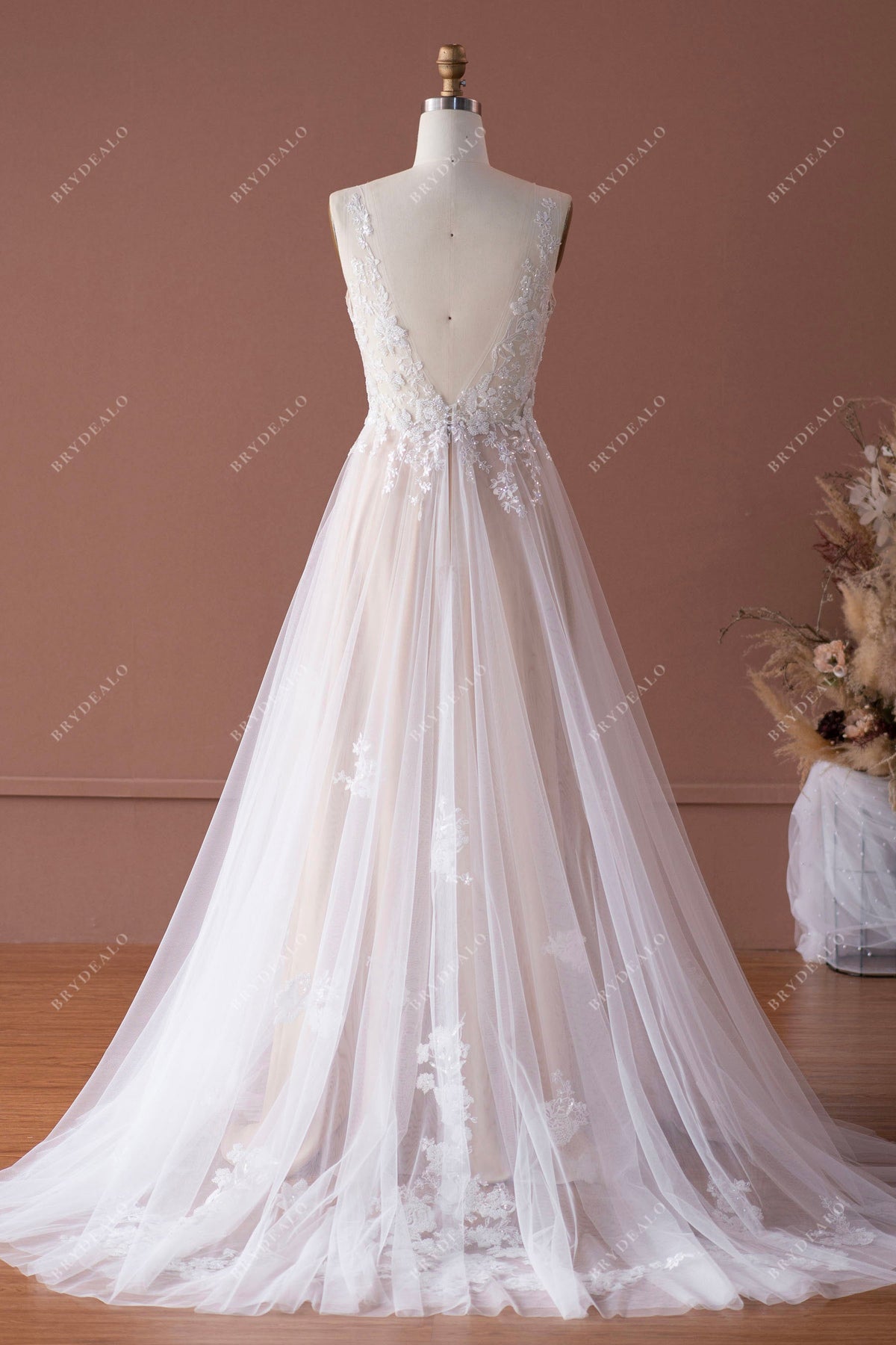 Romantic Beaded Lace Illusion Neck Nude Beige A-line Wedding Dress Brydealo Romantic Beaded Lace Illusion Neck Nude Beige A-line Wedding Dress Brydealo