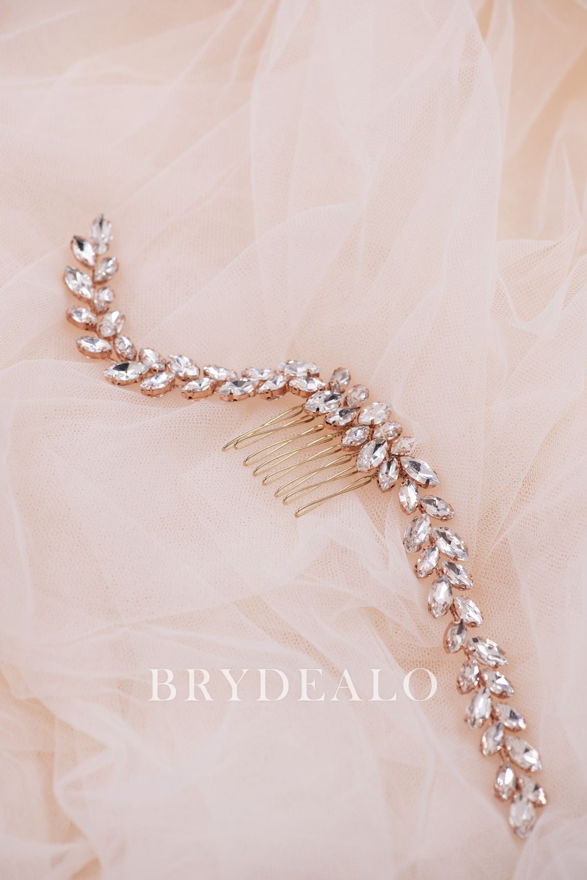 Noble Rose Gold Rhinestones Leafy Wedding Hair Comb