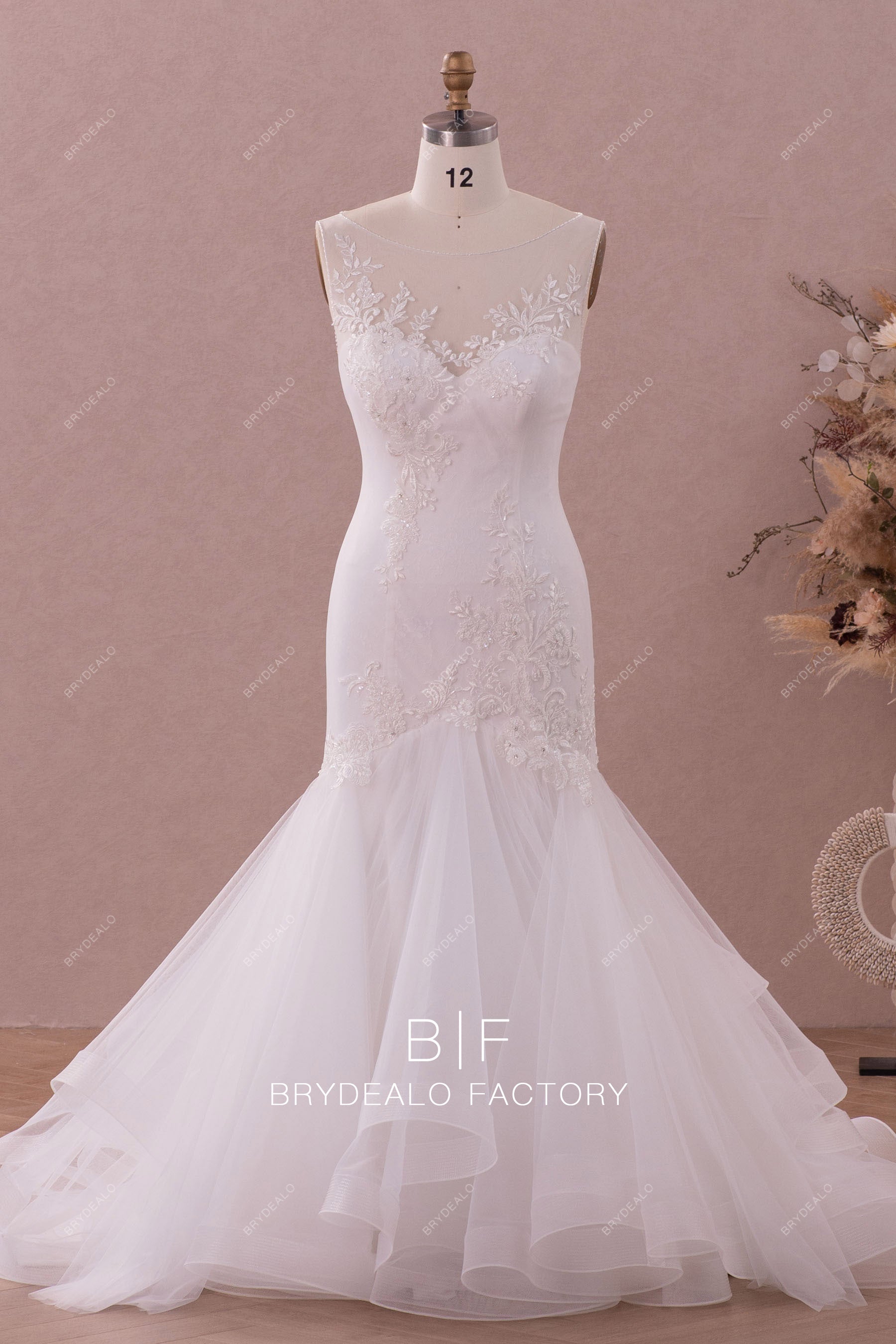 dream ruffled trumpet lace wedding dress