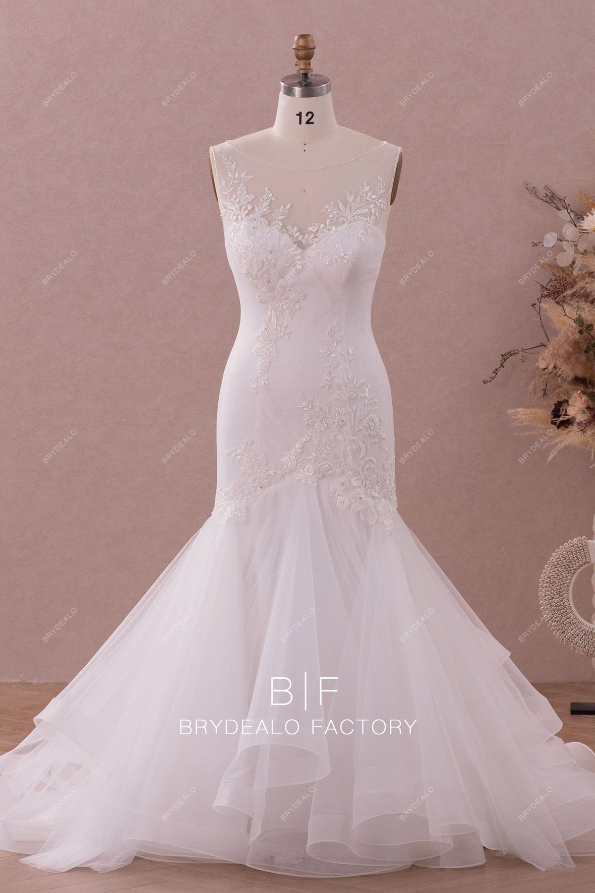 Floral Beaded Applique Top Lace Fishtail Bridal Dress – Brydealo