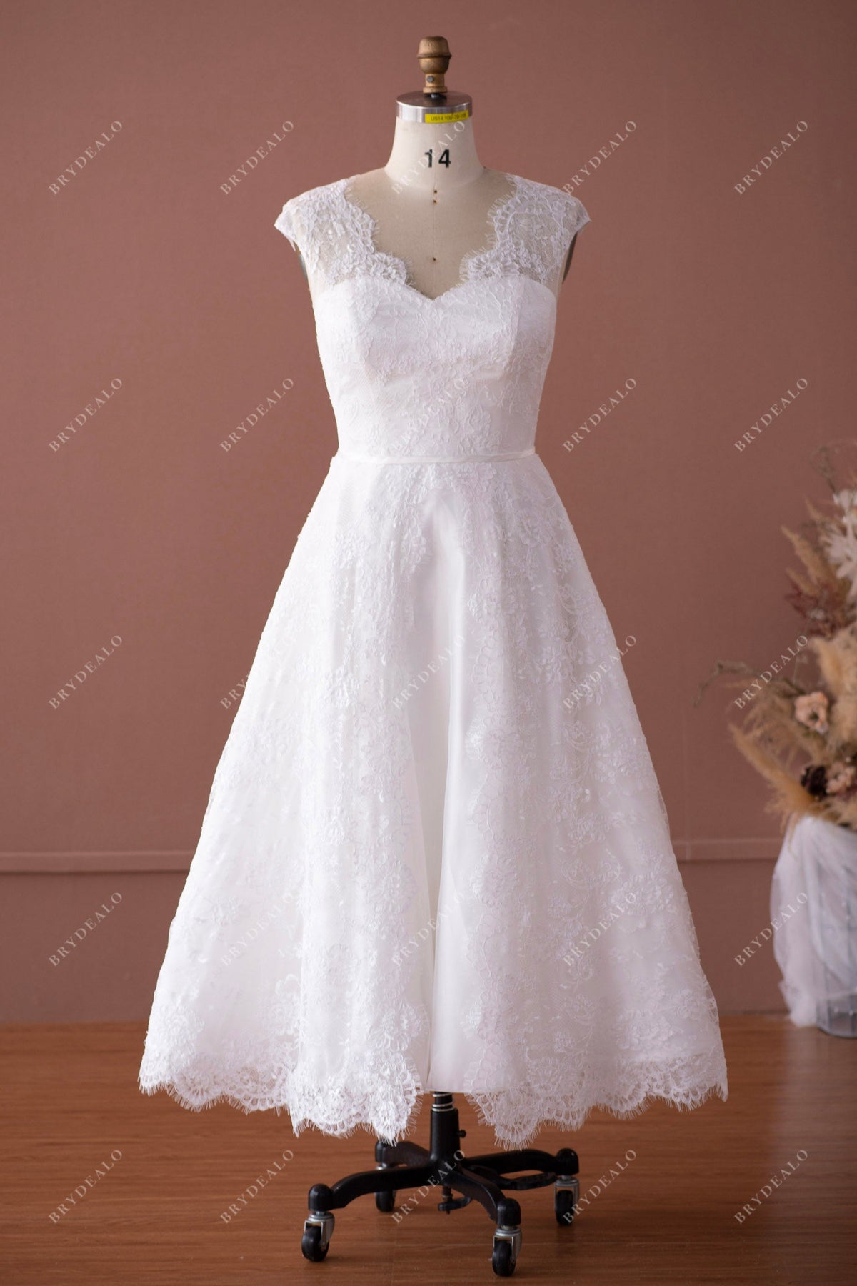 Vintage Lace Tea-Length Wedding Dress: Cap Sleeves, Illusion Back Brydealo Vintage Lace Tea-Length Wedding Dress: Cap Sleeves, Illusion Back Brydealo