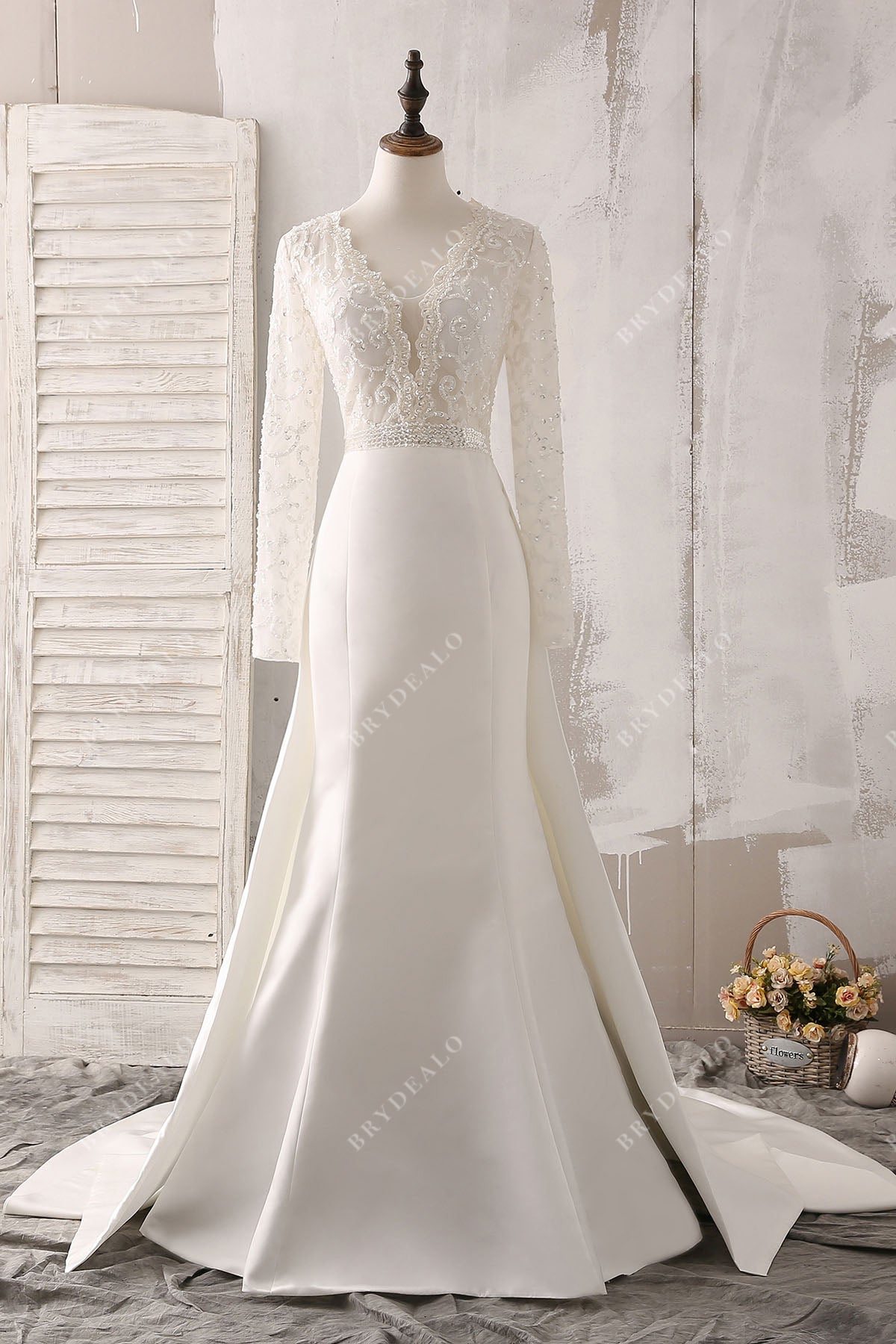 Plunging Neck Lace Modern Satin Overskirt Wedding Dress