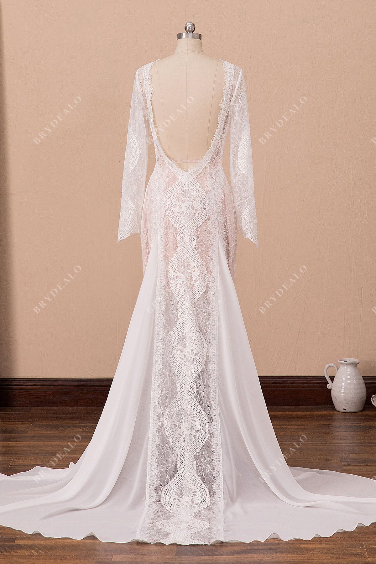 sexy low back long train beach wedding gown