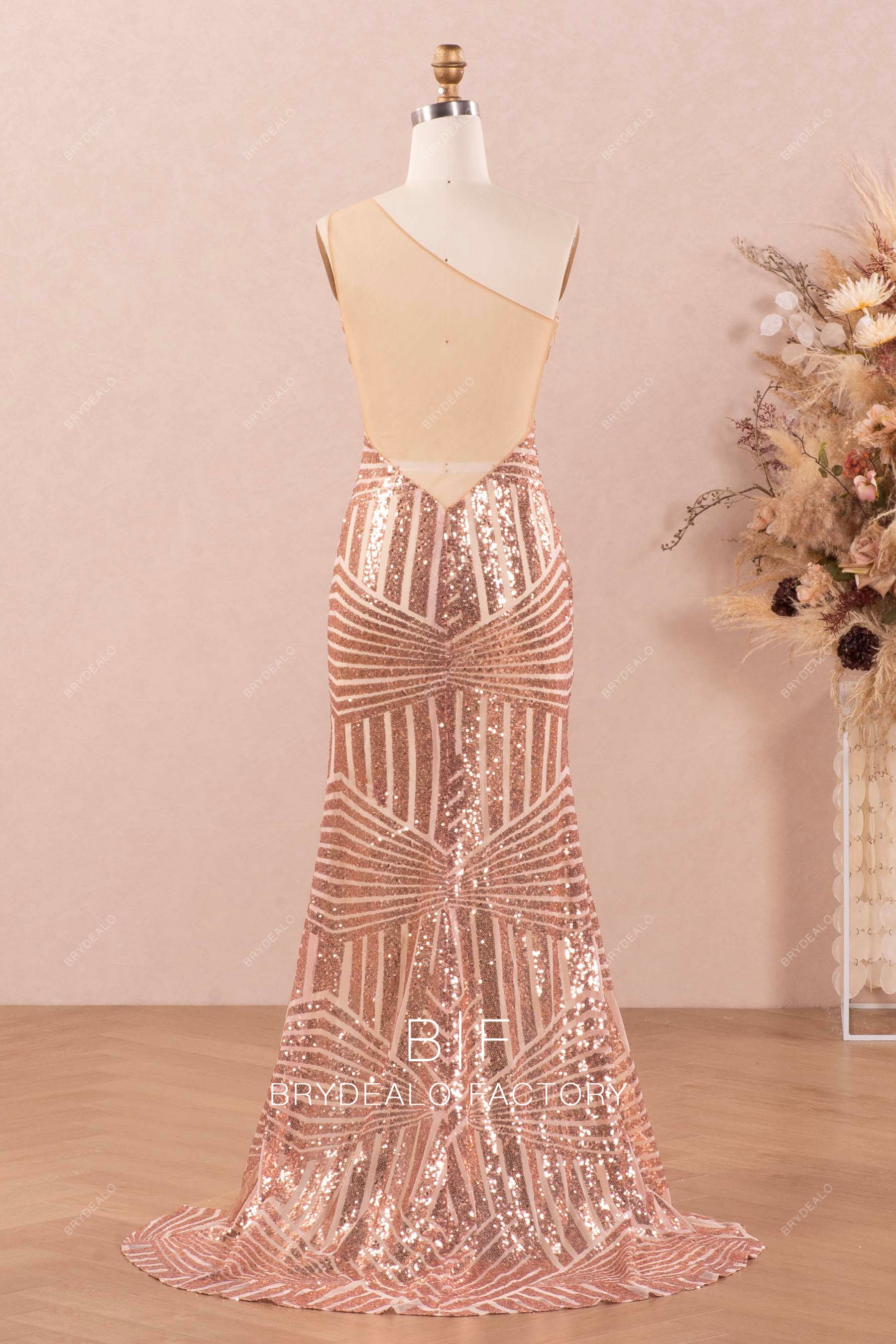 sheer back sweep train sequin evening  dress